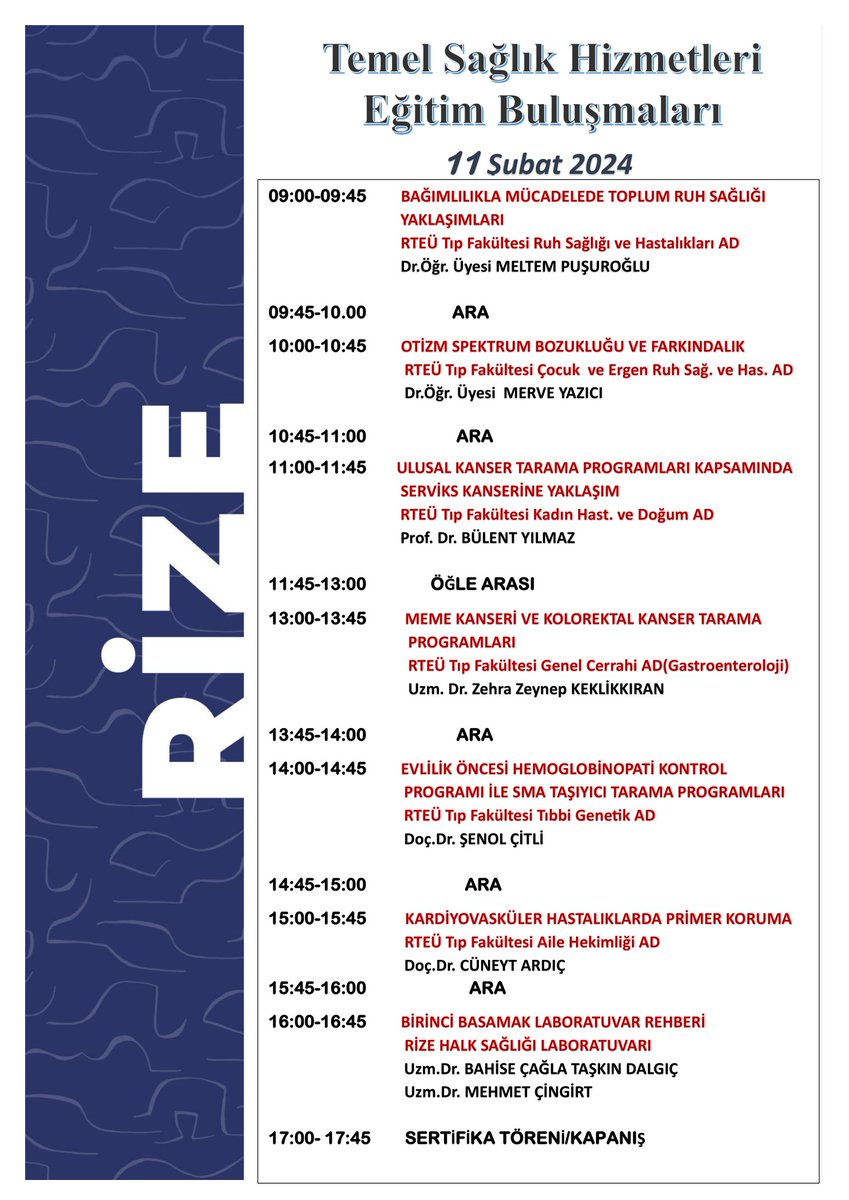 rizesaglik's tweet photo. Rize Temel Sağlık Hizmetleri Eğitim Buluşmaları

Rize İl Sağlık Müdürlüğü Halk Sağlığı Hizmetleri Başkanlığı birinci basamak hekimlerine yönelik “Temel Sağlık Hizmetleri Eğitim Buluşmaları başlıklı eğitim programı 10-11 Şubat 2024 tarihlerinde düzenlenecek. @halksagligigm https://t.co/R9swpZrUpW