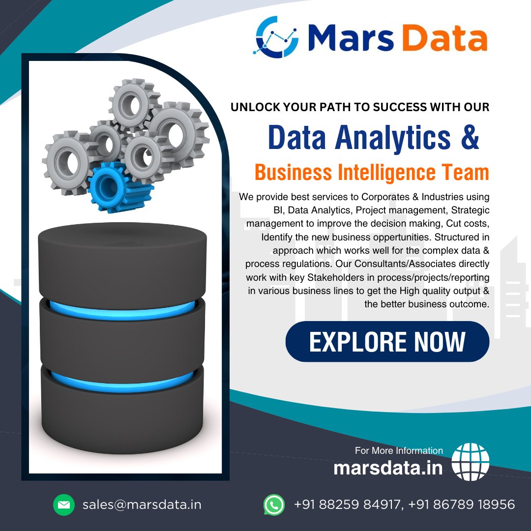 MarsDataInsight's tweet image. Our business analytics solutions turn data into actionable insights.

Email: sales@marsdata.in | hr@marsdata.in
For call: +91 88259 84917 |+91 86789 18956

📌: #3, GoodWorks Infinity Park, #21 2nd main Rd, Electronics City Phase 1,
Bengaluru-560034, Karnataka.

#marsdata