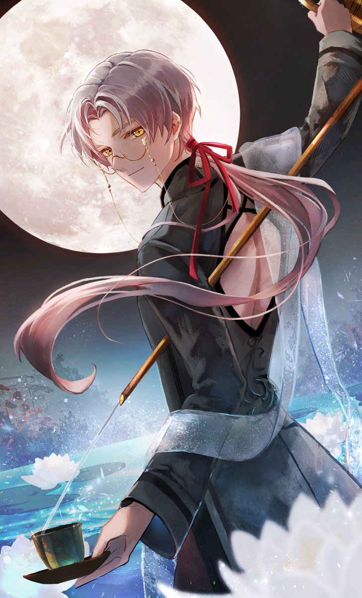 male focus 1boy yellow eyes moon holding full moon solo  illustration images