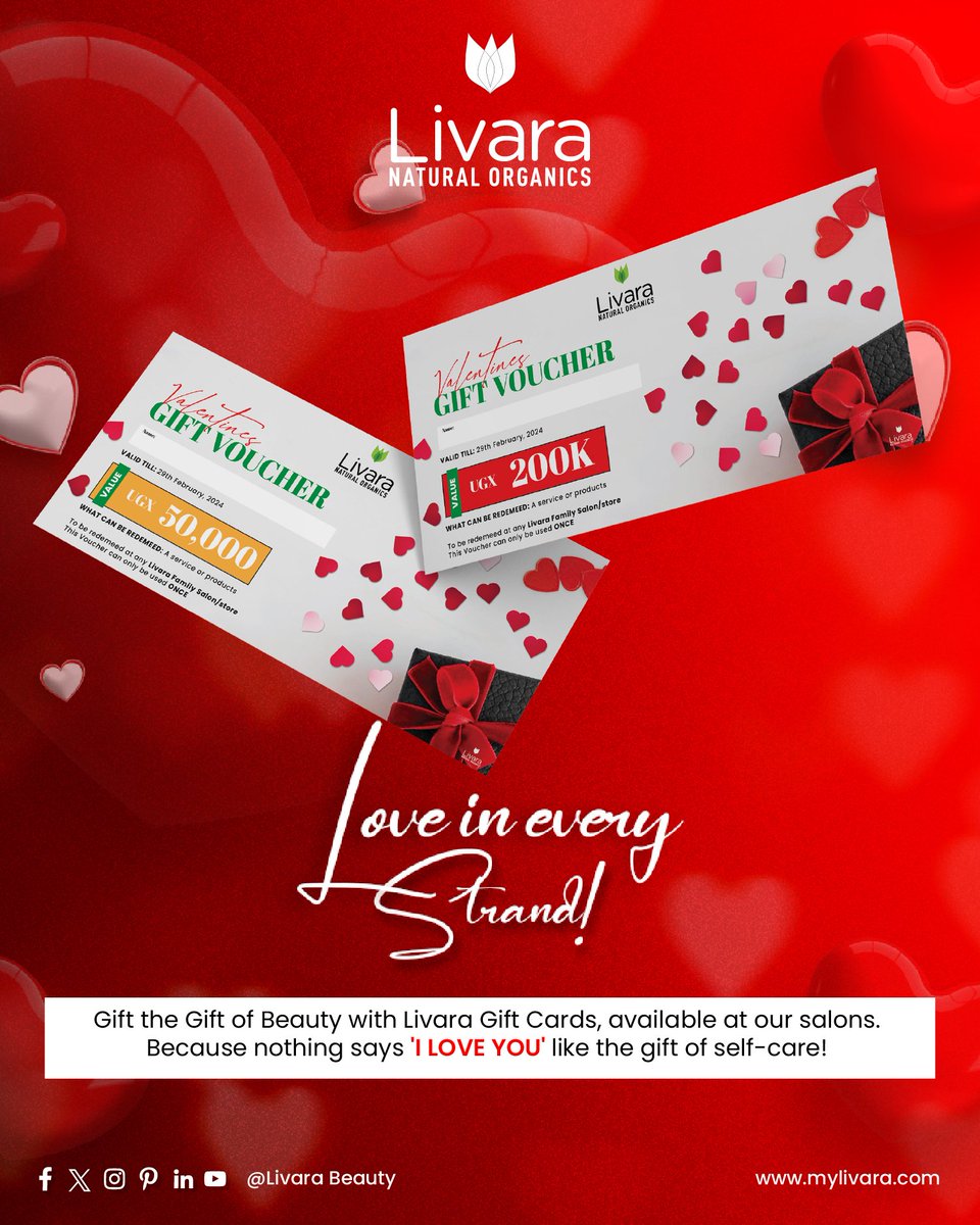 Surprise your special someone with a Valentines Gift Voucher 💕🎁
Available: 50k, 100k, and 200k vouchers
What can be redeemed: A salon service or Livara products

#LivaraJourney #LivaraValentines #LoveInEveryStrand #2024Transformation #HairCareMagic #Livara #IAmExceptional