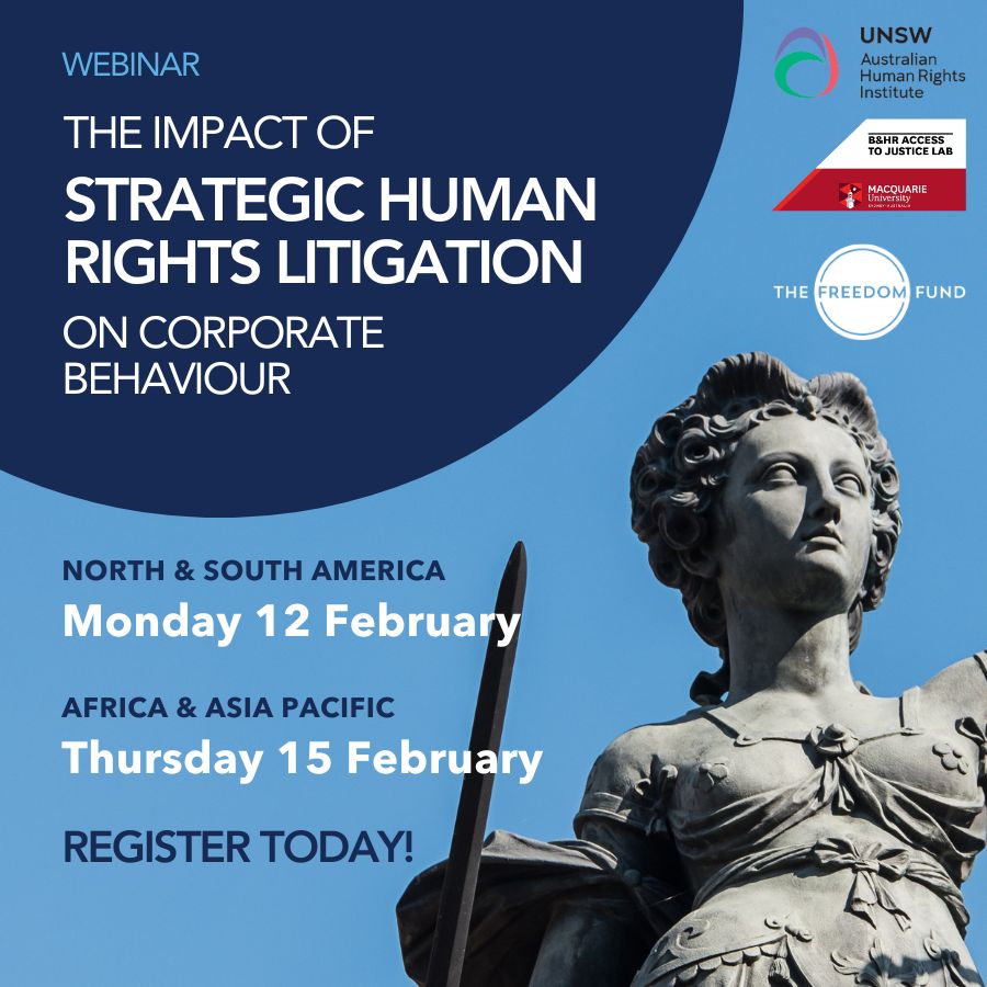 Interested in the impacts of #humanrights litigation on business conduct? Join us for a webinar with #BizHumanRights experts <a href="/ProfSuryaDeva/">Surya Deva</a>  <a href="/justine_nolan/">Justine Nolan</a>  <a href="/Ebony_Birchall/">Ebony Birchall</a>  

Register now! ⬇️
forms.gle/91YmCprc22NU9k…