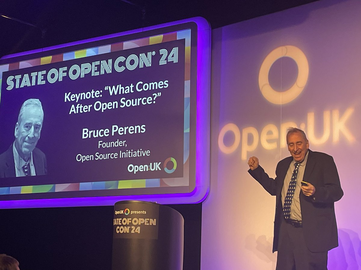 Privilege to hear from @BrucePerens founder of open source definition 25 years ago @openuk_uk’s #stateofopencon #soocon24. He shares his view on a post Open big goals-everyone gets paid not just the few.