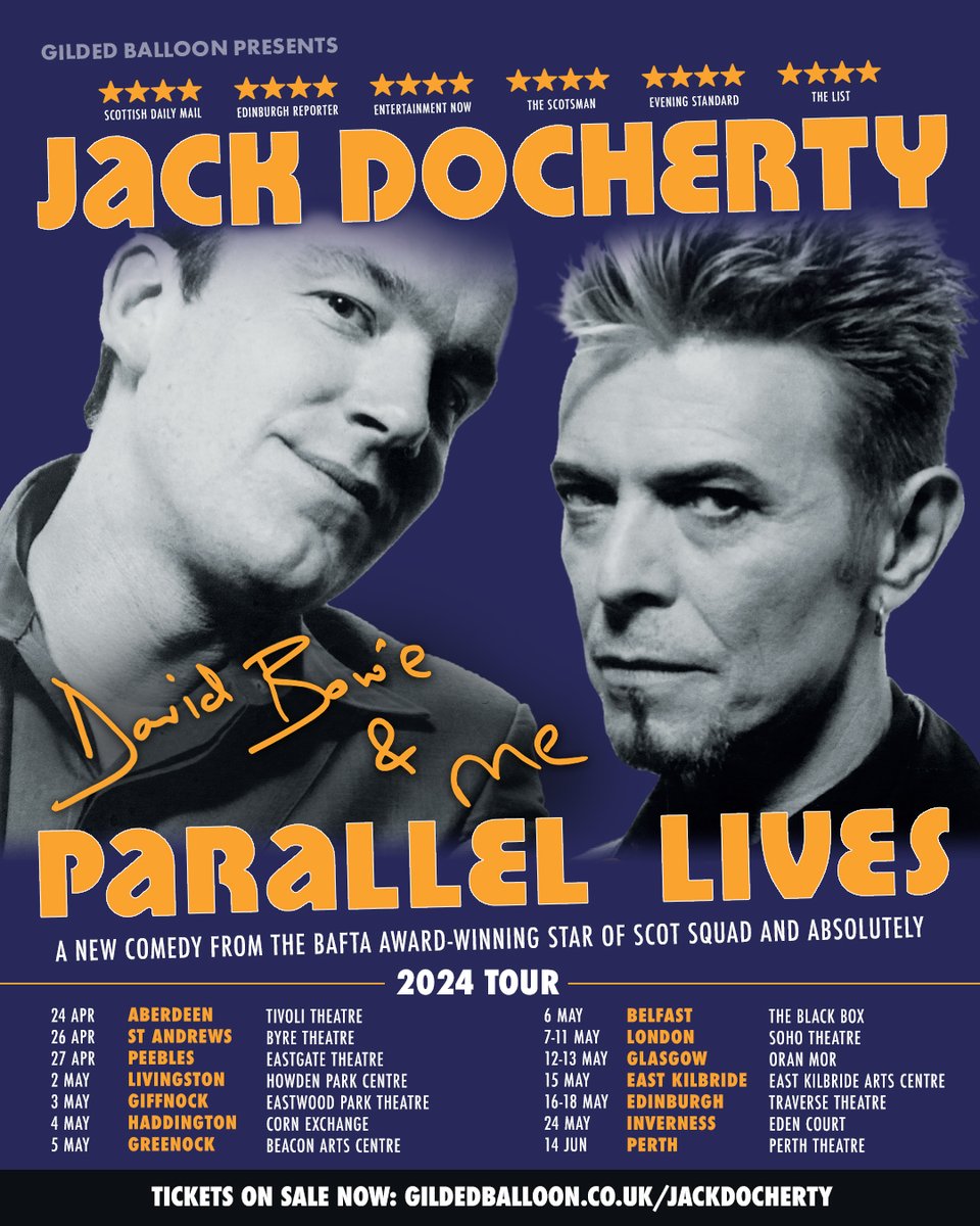 ⚡️ TOUR NEWS! ⚡️ @mrjackdocherty is bringing David Bowie & Me - Parallel Lives to a town or city near you! The show takes audiences on a journey through topics of first love, hedonism, mortality and why you should always meet your heroes. 🎟️ gildedballoon.co.uk/jackdocherty
