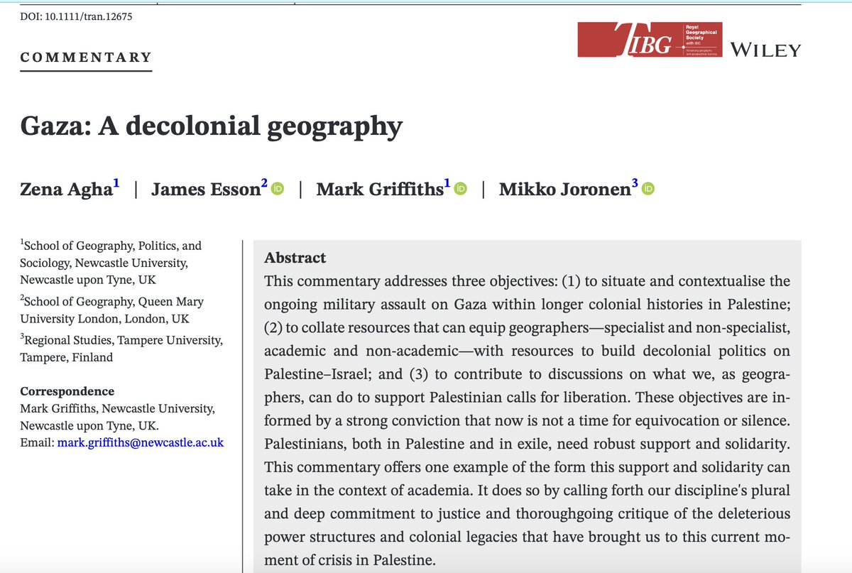Prof Katherine Brickell (@k_brickell) on Twitter photo 'Gaza: A decolonial geography' is 'Free to Read' in Transactions of the Institute of British Geographers.
By @Zena_Agha <a href="/DrJesson/">James Esson</a> <a href="/casesofyou/">mark griffiths</a> <a href="/EarthWriting/">Mikko Joronen</a>
rgs-ibg.onlinelibrary.wiley.com/doi/epdf/10.11…
academia.edu/114502684/Gaza… 'Gaza: A decolonial geography' is 'Free to Read' in Transactions of the Institute of British Geographers.
By @Zena_Agha <a href="/DrJesson/">James Esson</a> <a href="/casesofyou/">mark griffiths</a> <a href="/EarthWriting/">Mikko Joronen</a>
rgs-ibg.onlinelibrary.wiley.com/doi/epdf/10.11…
academia.edu/114502684/Gaza…