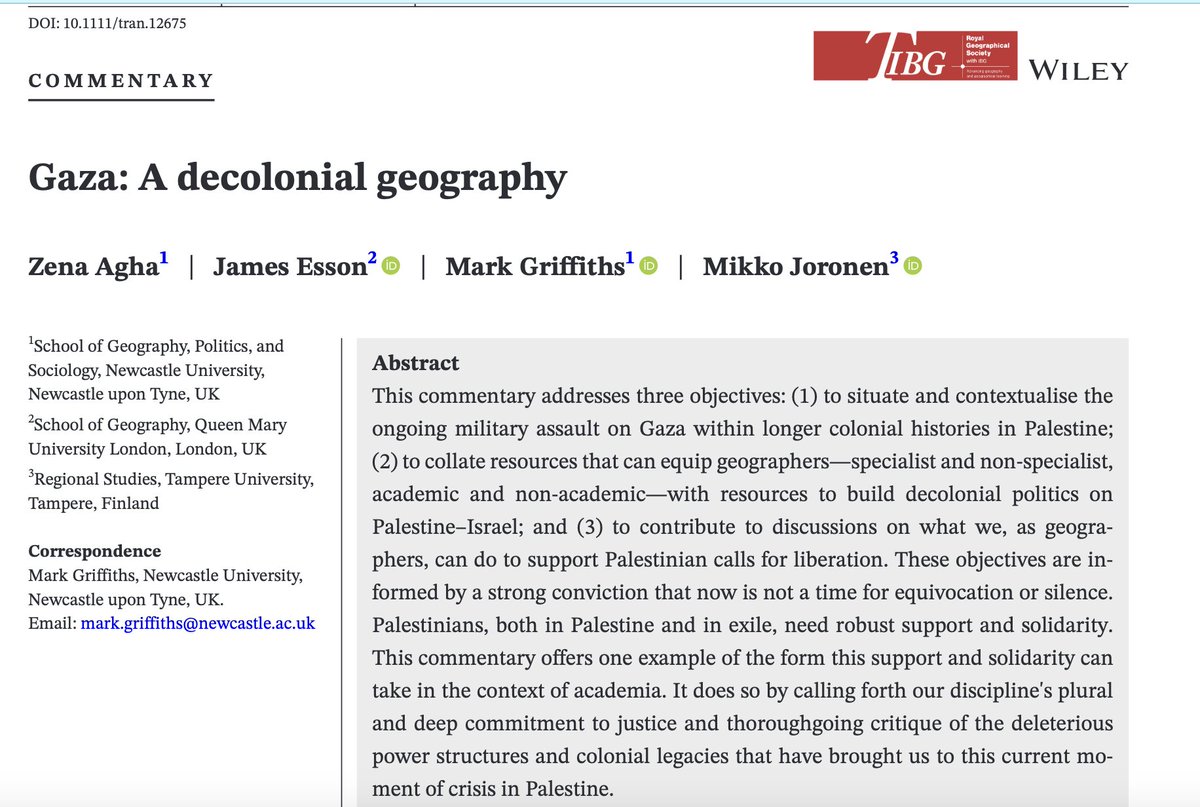 'Gaza: A decolonial geography' is 'Free to Read' in Transactions of the Institute of British Geographers. By @Zena_Agha @DrJesson @casesofyou @EarthWriting rgs-ibg.onlinelibrary.wiley.com/doi/epdf/10.11… academia.edu/114502684/Gaza…