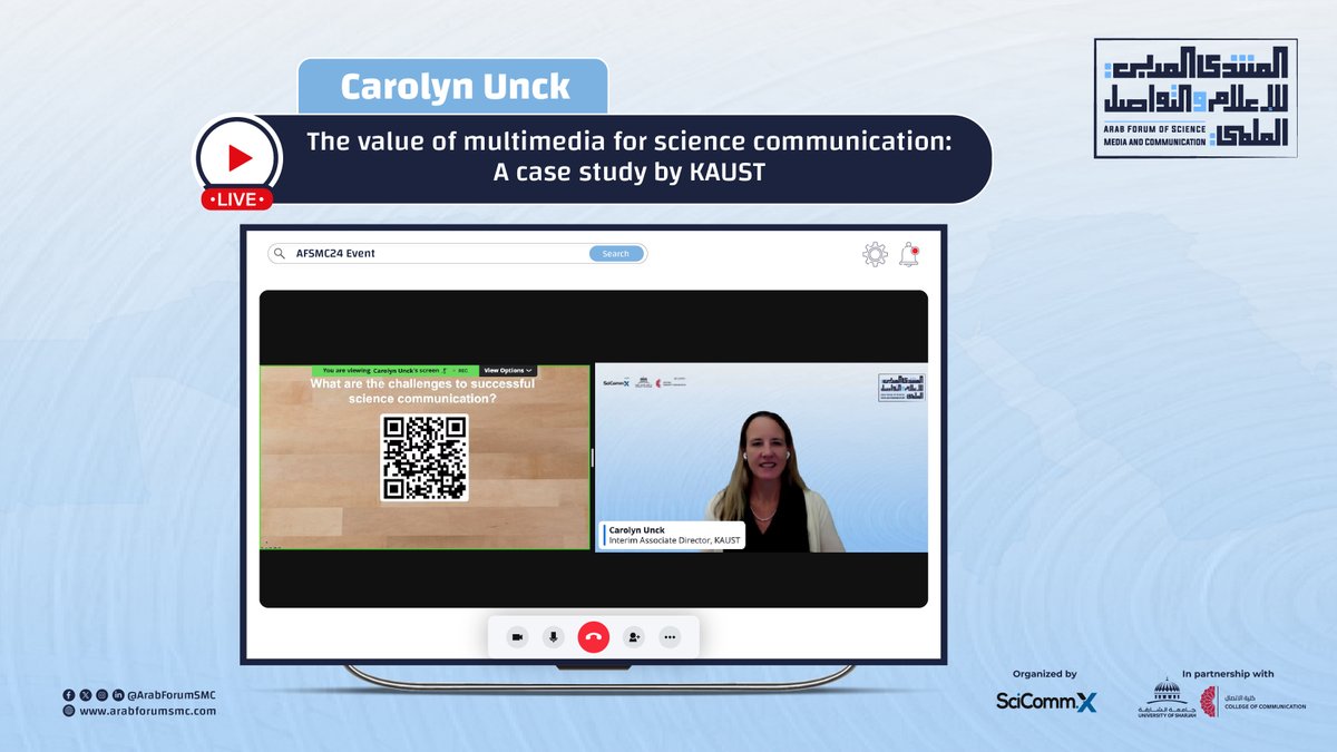 #Happening_Now #AFSMC24 #Public_Session 'The value of multimedia for science communication: A case study by KAUST' featuring @CarolynUnck. Join us now: us06web.zoom.us/j/86881284581 #SciComm #MultimediaInScience #SciCommX #ResearchCommunication #scicomm #scienceoutreach #afsmc24