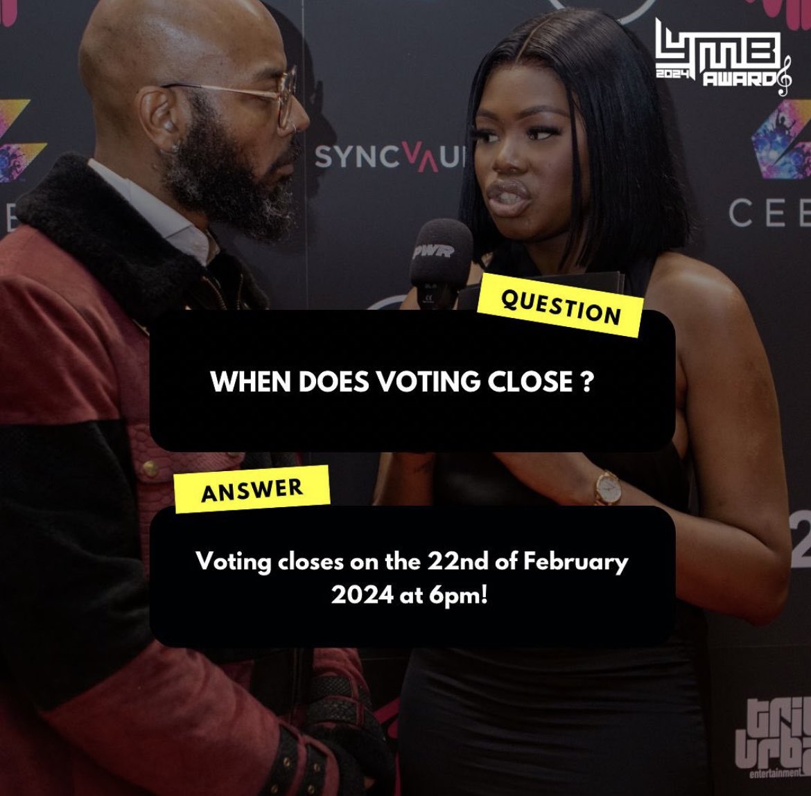 Q. When does nominee voting close? A. Voting closes on Thursday 22nd February 2024 @ 18:00! Don’t miss your chance to have your say, vote now via ymbawards.co.uk/vote 🗳️