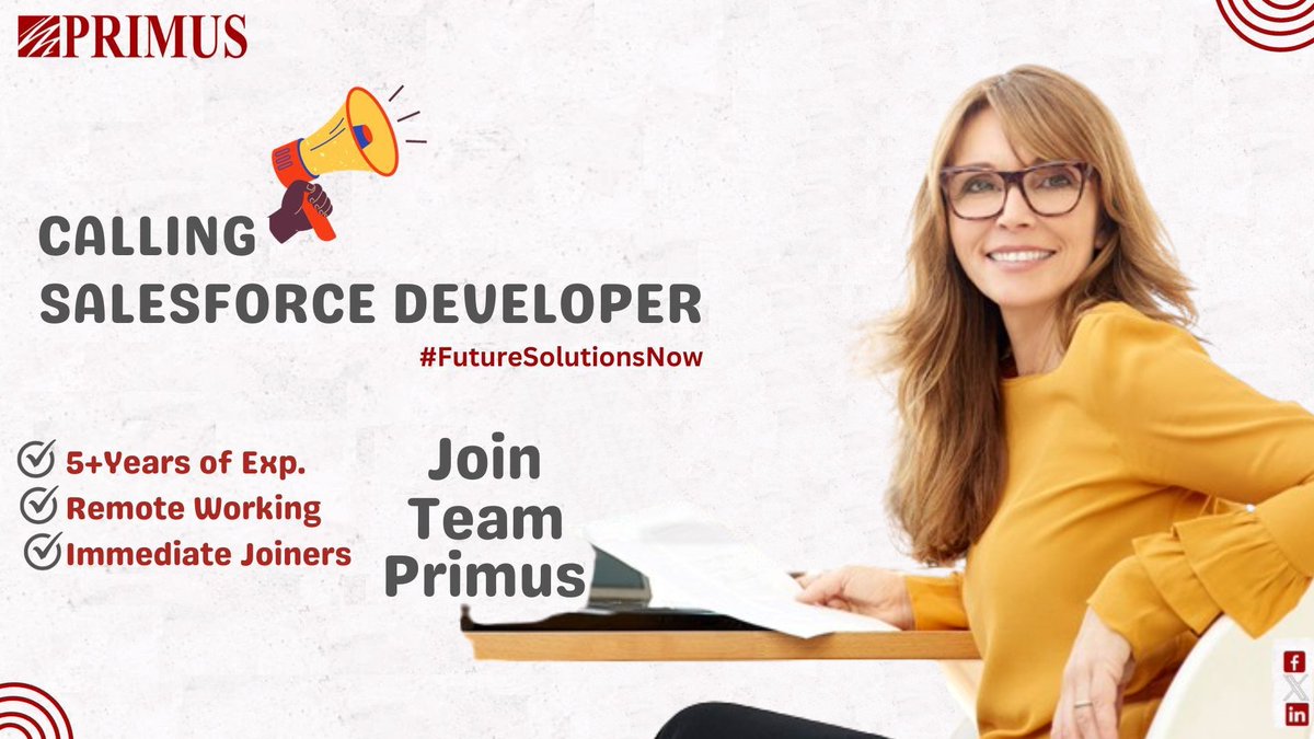 𝐖𝐞'𝐫𝐞 𝐒𝐭𝐢𝐥𝐥 𝐖𝐚𝐢𝐭𝐢𝐧𝐠 𝐟𝐨𝐫 𝐘𝐎𝐔!

#Primus is looking for #SalesforceDevelopers to #joinourteam! If you're passionate about cutting-edge technology and want to be part of a leading #softwareservicecompany, then apply today!

Applying via lnkd.in/evuQtMWm.