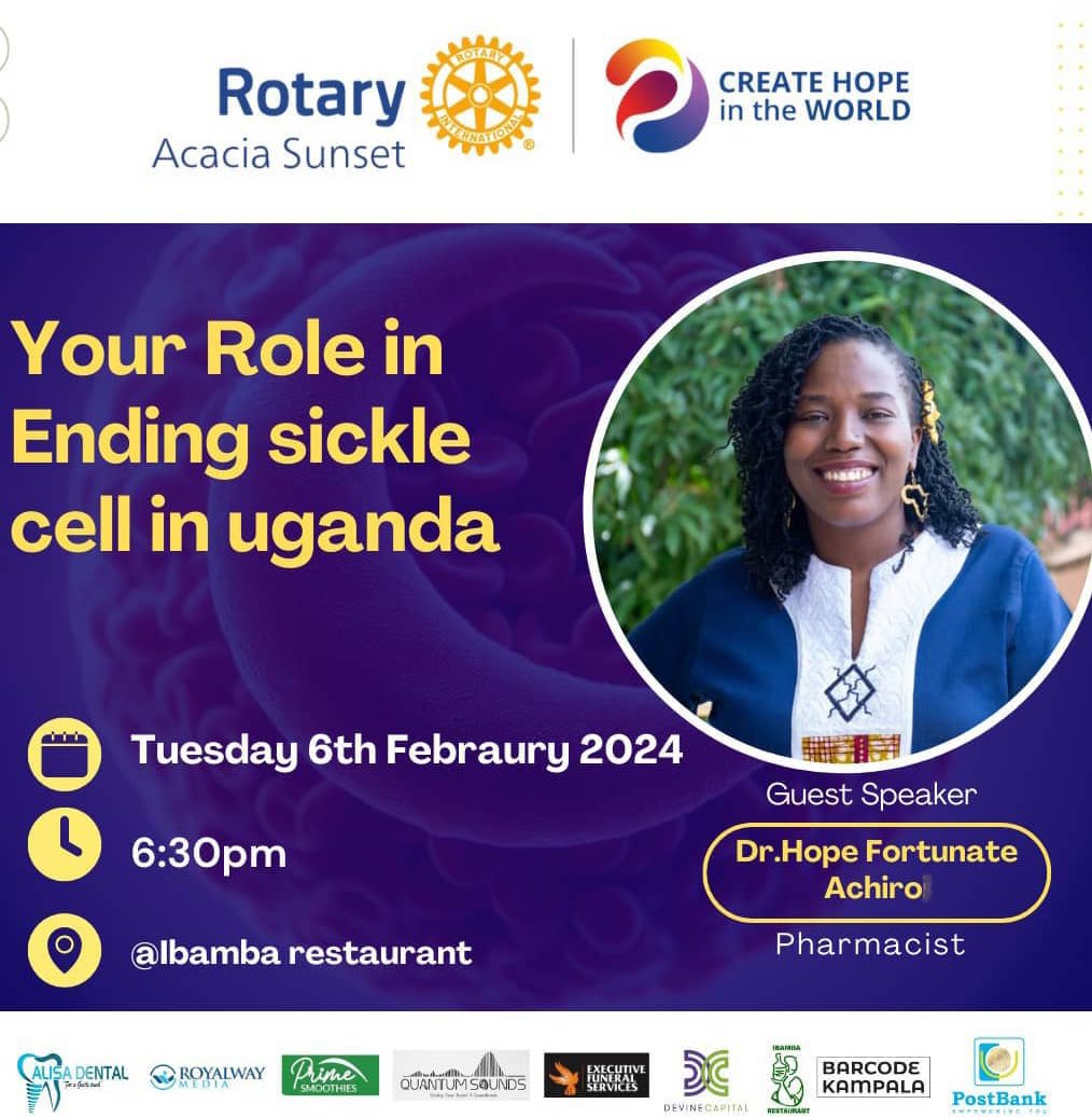 What’s your role in ending sickle cell? 

I’ll be speaking to the Rotary, Acacia Sunset today at 6:30PM ⏰ 

Join us at Ibamba restaurant to learn about sickle cell in Uganda & our role in ending it. #SickleCellWarriors