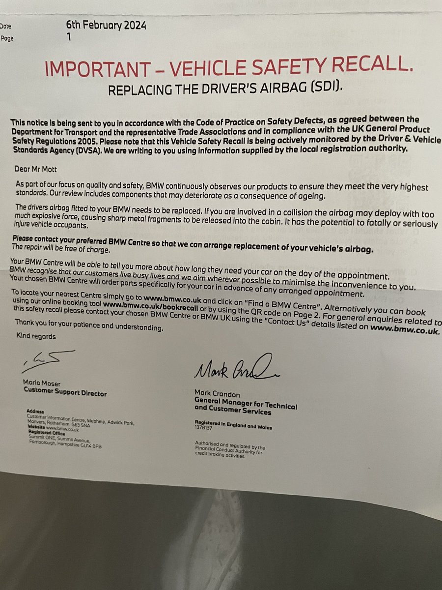 thejoemott's tweet photo. @BMW_UK been getting these Safety Recall letters since 2023. Was booked in last year. No parts. Called today when I got this letter and still no parts. They won’t take weekend bookings to have it done so will have to book time off work IN CASE the parts arrive! Got a solution? https://t.co/UJcjK7mmg1