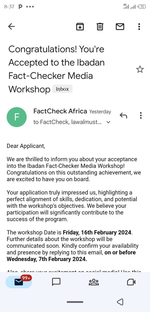 olagokemaruf11's tweet photo. I am delighted to announce that "I just got accepted into the FactCheckAfrica Fact-Checker Media Workshop. Let's champion truth together! #FactCheckerWorkshop #MediaLiteracy #FightAgainstDisinformation #FactCheckAfrica #JournalismTraining #CriticalThinking #MediaForChange" https://t.co/A8EqDkSOTl