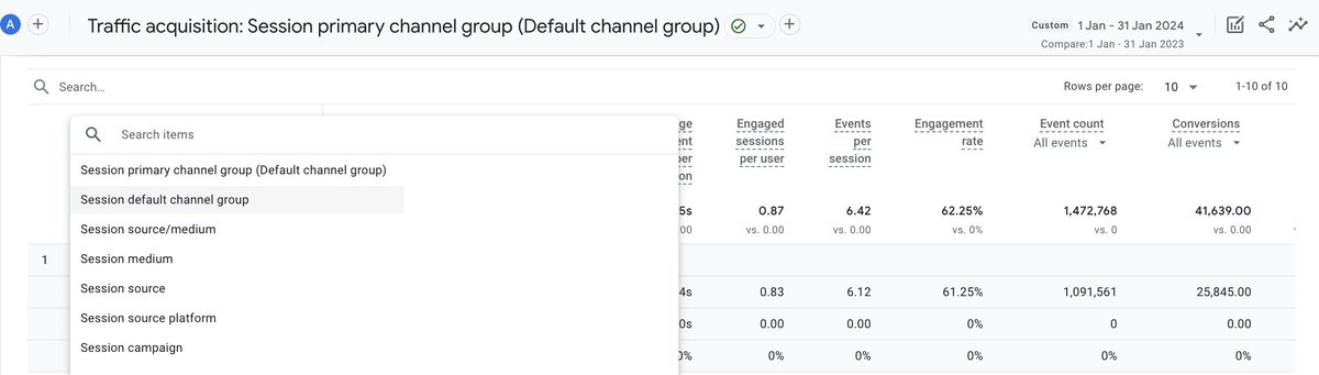 DDudley_SEO's tweet photo. Just click on the dropdown next to the new "Session primary channel group" metric, then swap this to "Session default channel group". 

That's it, your data is showing now...

#GA4 #GA4Bugs #GoogleAnalytics #Data #SEO https://t.co/wSKAeP45S2