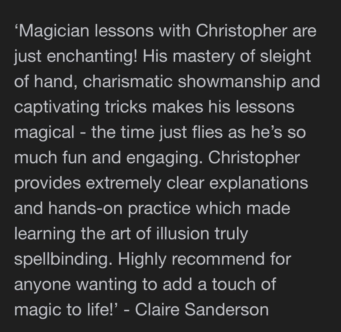 cwmagicuk's tweet image. Lovely to receive this review from another very happy magic lesson client. #magiclessons #magic