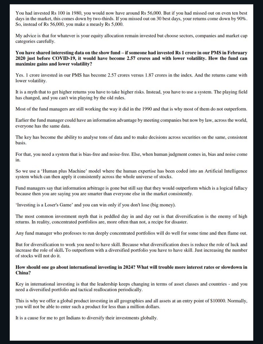 devinamehra's tweet photo. A deep look at how to look at markets, investment strategy, philosophy etc
Do you need to take high risk to make high returns?
Will increasing the number of stocks in a Portfolio change anything at all in the performance outlook?
Is Gold a relatively safe asset?
Should you consider Global investing?
What's my forthcoming book all about?
Plus the sterling performance of @firstglobalsec PMS (see pinned tweet ๐) and what got us there
And much, much more.
An interview that I enjoyed. Thanks @kshanand and @ETMarkets