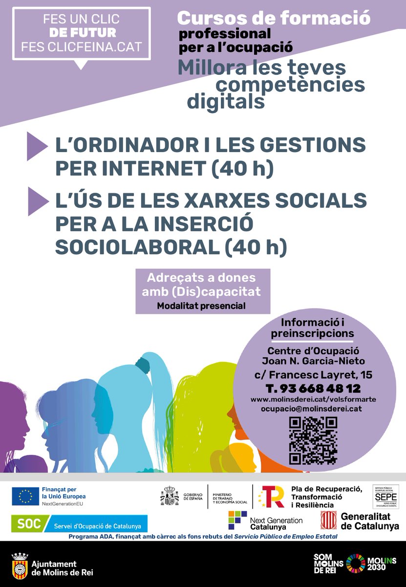 Ocupacio_MdR's tweet photo. 🎓Places disponibles als cursos del Programa ADA adreçats a dones amb discapacitat:
💻L'ordinador i les gestions per internet
💻L'ús de les xarxes socials per a la inserció sociolaboral
🔗https://t.co/vggZccxtYp
☎️ 936684812
#NGEUCat #NextGenerationCat #FonsUECat
#MolinsdeRei https://t.co/ytbUjqAsdw