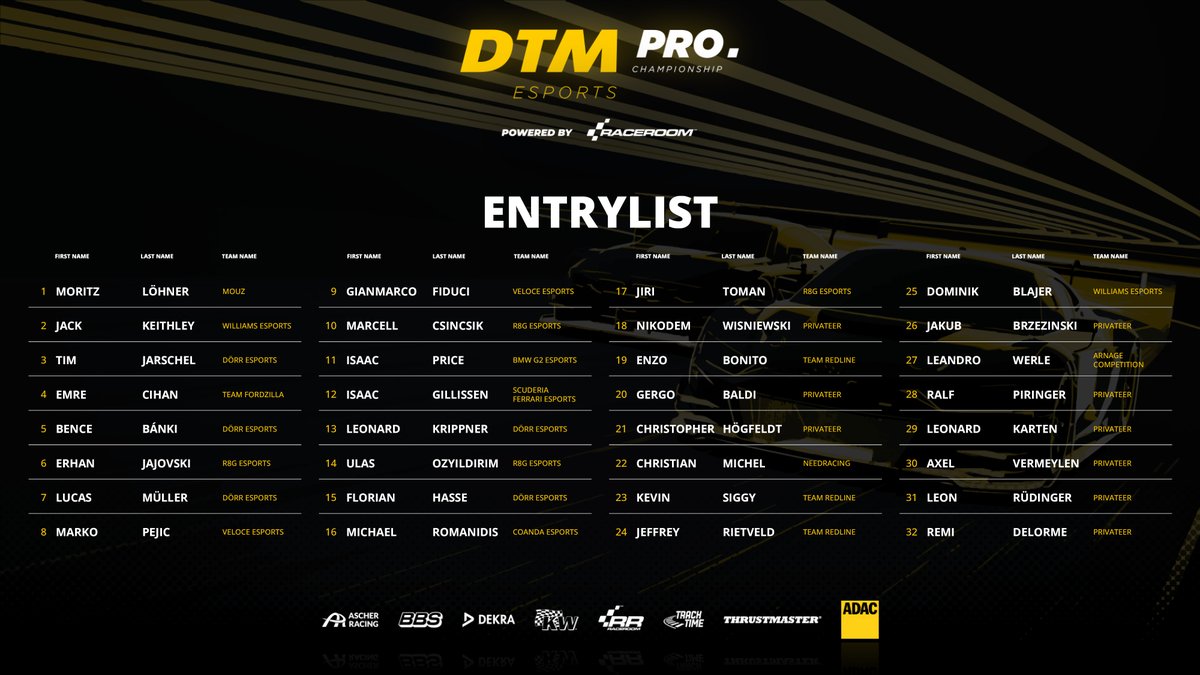 Ladies and gentlemen, we have our grid for the #DTM #Esports PRO Championship!

Some of the world's best #simracing teams will fight over a prize pool of 50.000 € when the season kicks off March 8th at the Norisring.