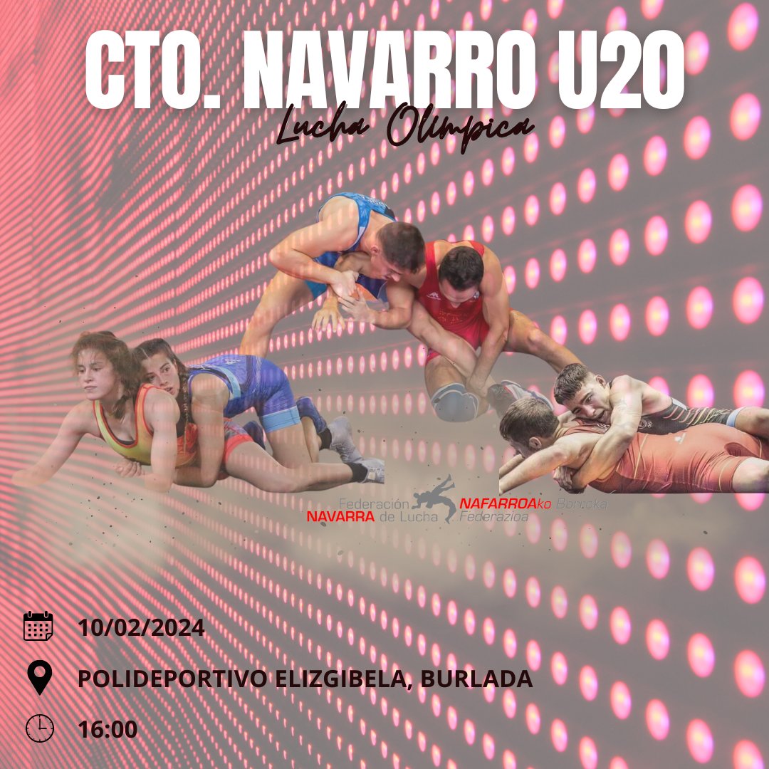 Este Sábado día 10 de febrero tenemos cita en el Polideportivo Elizgibela a las 16:00 para el Campeonato Navarro U20 de lucha olímpica.
.
.
#wrestlingnavarra