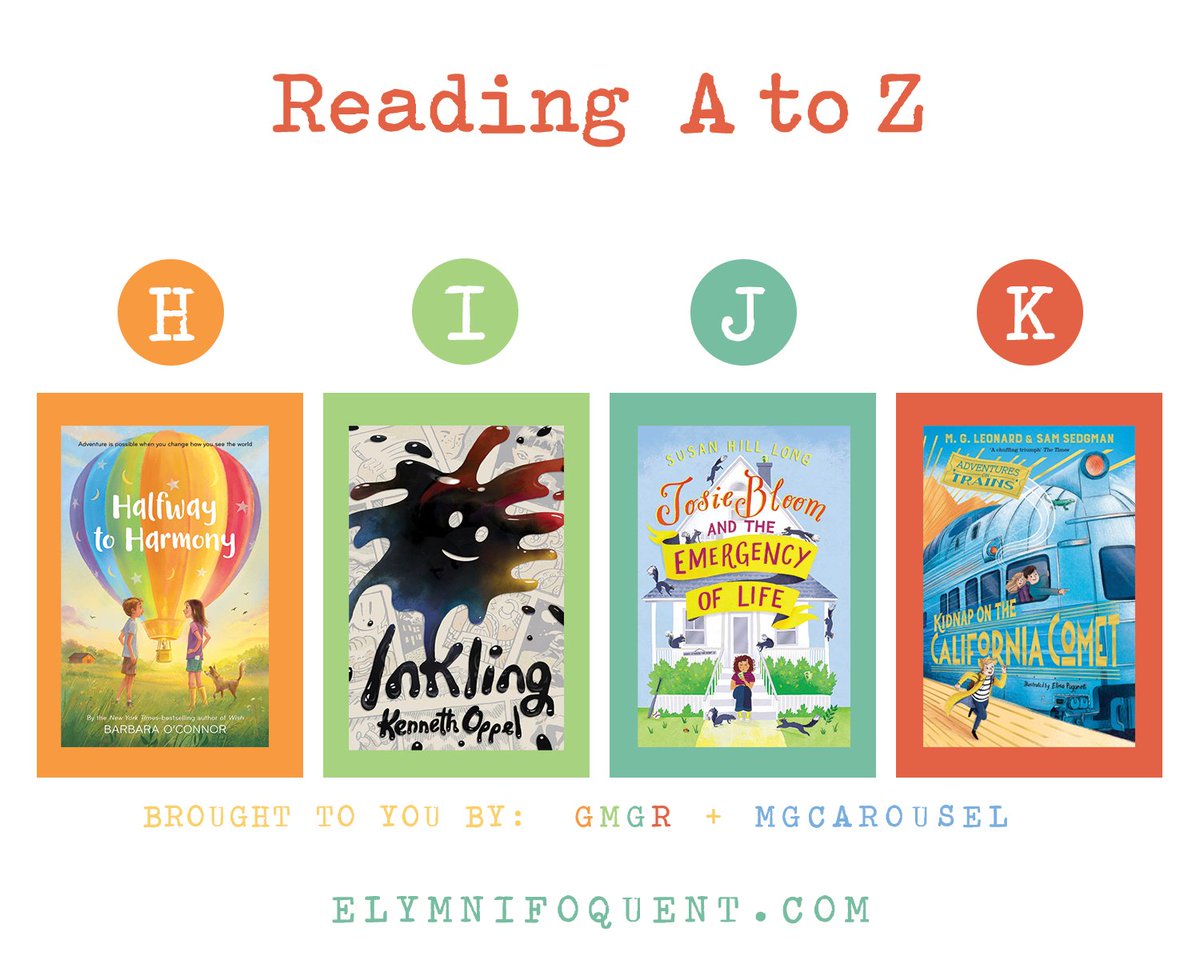 We’re reading A to Z with #GreatMGReads! H: Halfway to Harmony I: Inkling J: Josie Bloom and the Emergency of Life K: Kidnap on the California Comet Learn how you can participate: goodreads.com/topic/show/227… #ReadByLetter #MGCarousel