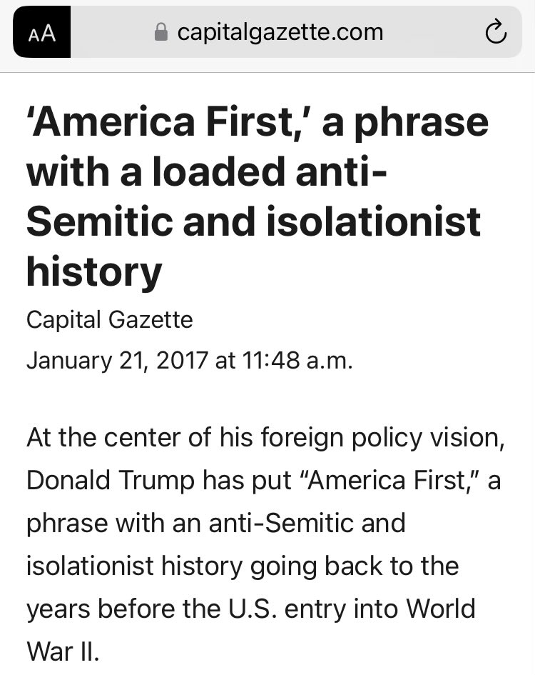@QueenAnticommie 

I’m not sure if you’re aware that the origin of America First is deeply rooted in antisemitism.

1 latimes.com/politics/la-na… 

2 nhbr.com/the-dark-histo…

3 vox.com/2016/7/20/1219…

4 capitalgazette.com/2017/01/21/ame…

5 abcnews.go.com/Politics/trump…

6 time.com/4273812/americ…