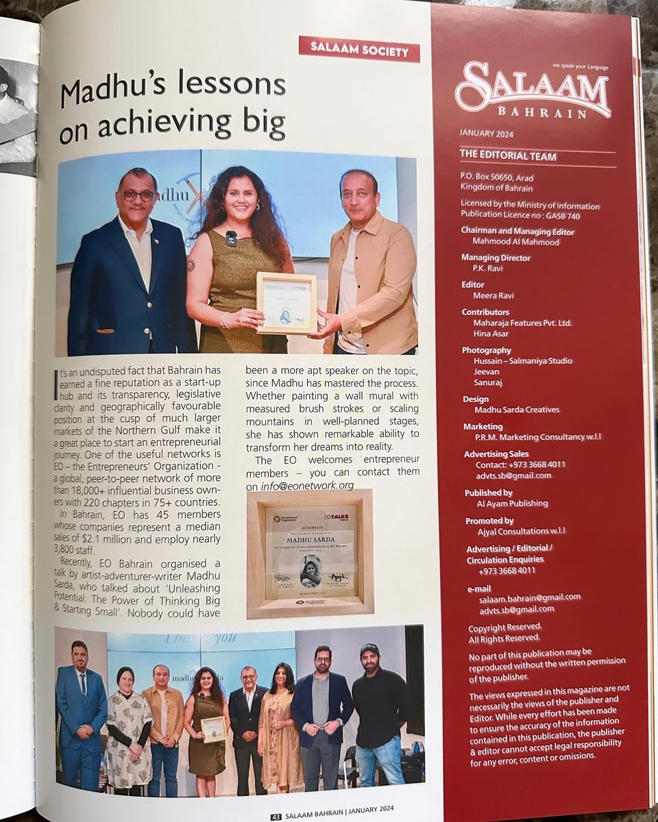 Motivational Speaker ~
Salaam Bahrain 
Thank you for the coverage 
<a href="/MeeraRavi/">Meera Ravi</a> 🙏

#motivationalspeaker #motivation  #motivational #inspiration #success #quotes  #goals #life #positivity #motivate #lifecoach #quote #bahrain #yogi #artist #madhusarda #mountaineer #womenpower