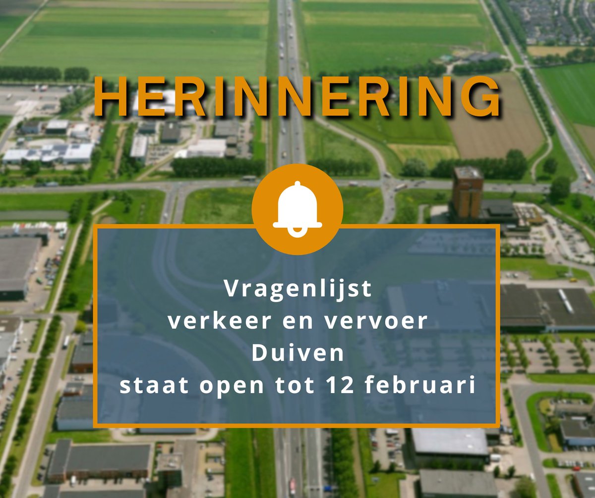 Ga naar duiven.nl/mobiliteitsvis… voor de vragenlijst over verkeer en vervoer in Duiven. 🚘🗺️⁉️ 
Uw ervaringen in het verkeer helpen ons om een nieuwe mobiliteitsvisie te maken. Een visie die bijdraagt aan een duurzaam bereikbaar Duiven. U kunt reageren tot 12 februari.