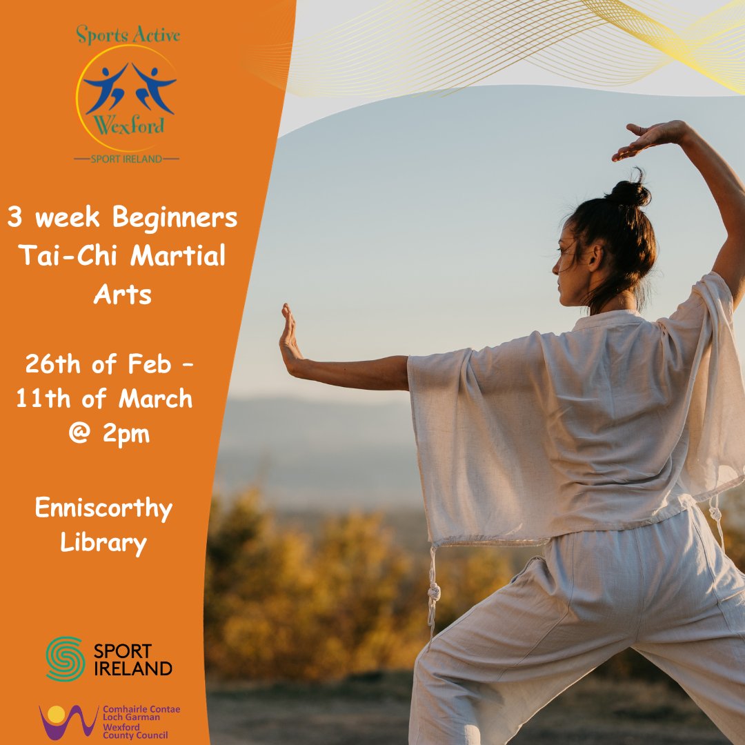 SportActiveWex's tweet image. Did you every want to try Tai Chi?  

We have a 3 week beginner course commencing in Enniscorthy Library on  26th February.  Why not come along and try it out?

Register: wexfordcoco.libcal.com/event/4176659

#TaiChi #Enniscorthy #ActiveWexford
