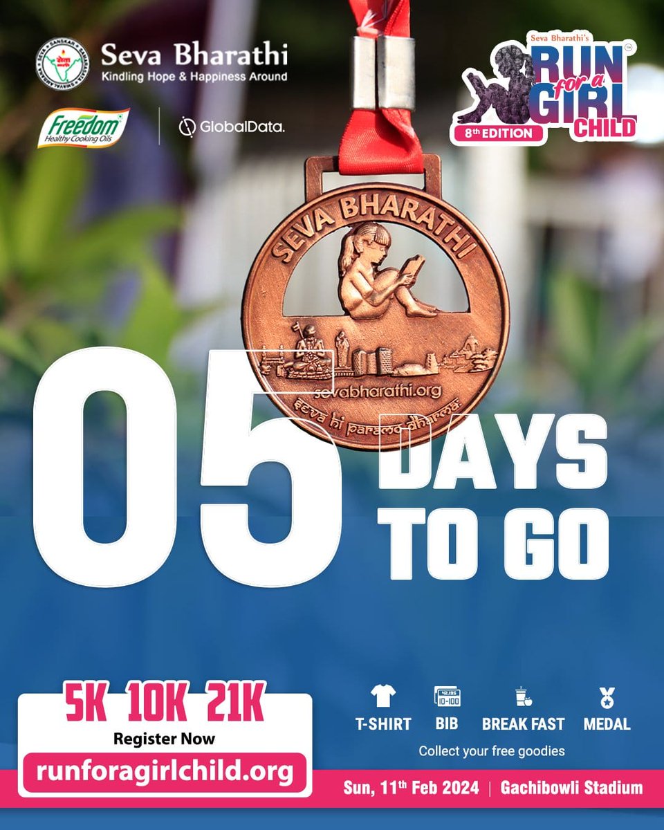 Time is running out!

Register today and Dust off your shoes to serve for the education and empowerment of 100K Girls.

Join the movement 👉runforagirlchild.org today.

#RunForAGirlChild #సేవాభారతి #EmpowerGirls #RunForChange #SevaBharathi #RFGC8 #HyderabadRun