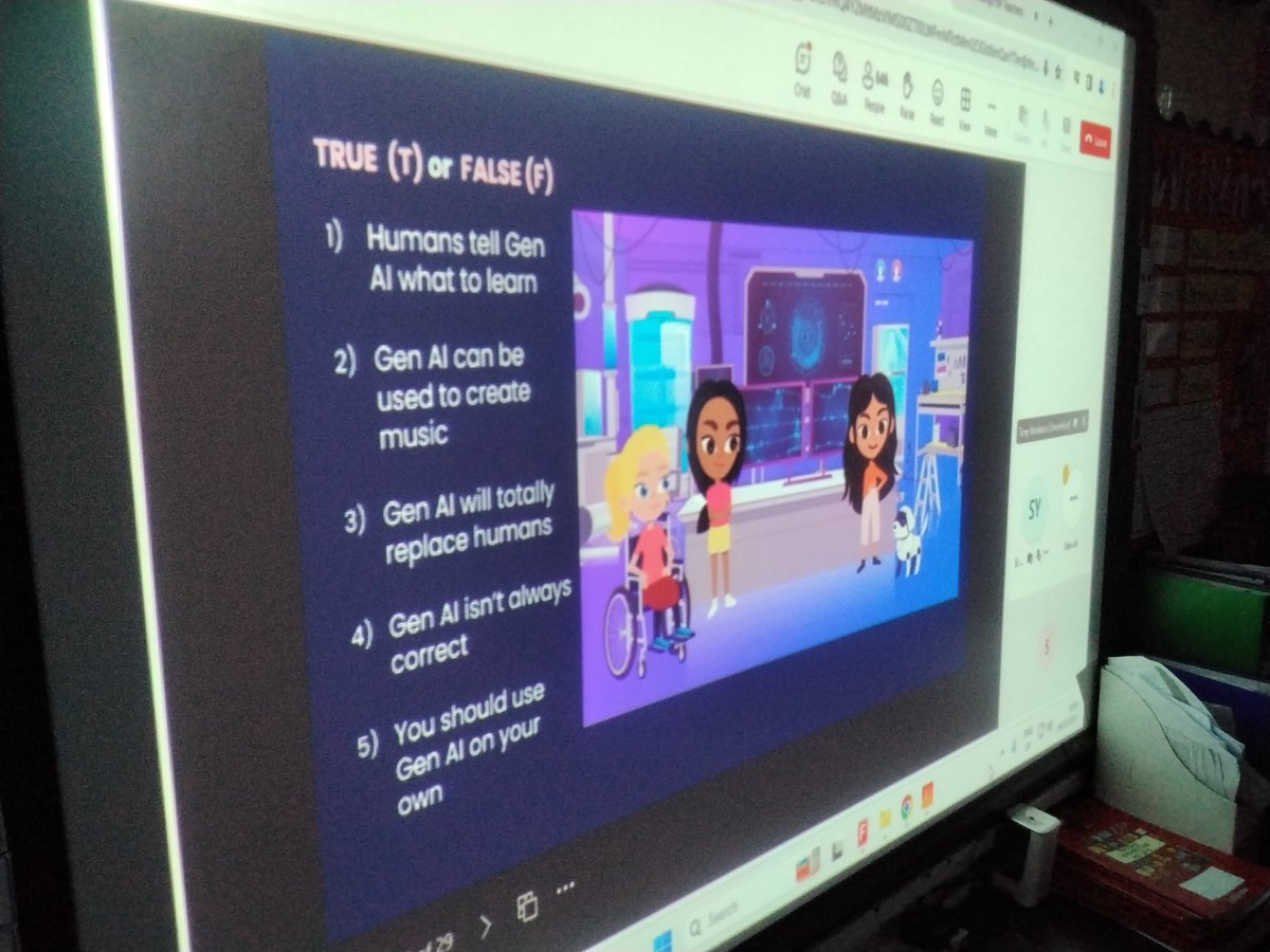 LeighPrimarySLT's tweet photo. 5VA in a live AI True and false quiz. We found out that AI can create music, computer games and can even translate languages! It will never replace humans though as we have imagination and feelings and AI doesn't. To keep safe we should not use it on our own. #SaferInternetDay https://t.co/E498HykPAP