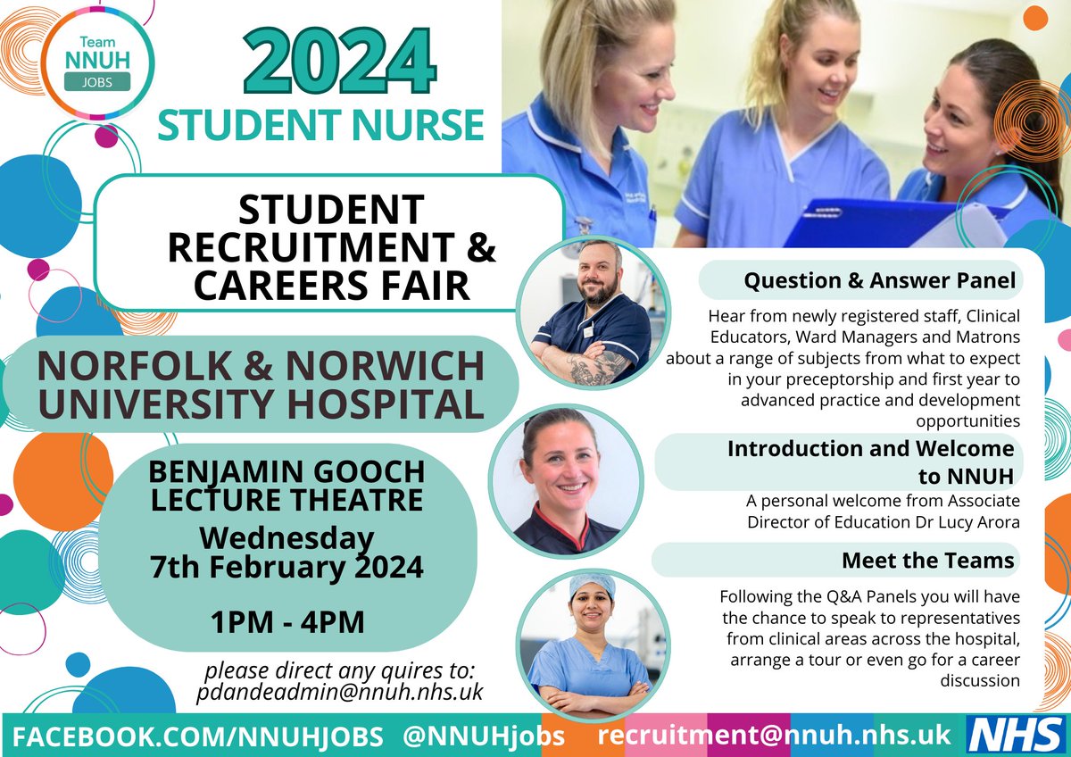Big day tomorrow for Student Nurse Recruitment at <a href="/NNUH/">Norfolk and Norwich University Hospitals</a> 
From 1-4 at the Benjamin Gooch Lecture Theatre we are hosting a Student Nurse Recruitment Event with presentations, a Q&amp;A panel and a chance to meet clinical representatives across the hospital!