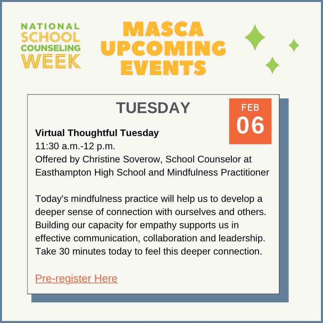 Happy Day 2 of National School Counseling Week! Join us today on Zoom for a mindfulness activity. ✨ Find the link at masca.org or in your email! #NSCW24 #mascacounselors