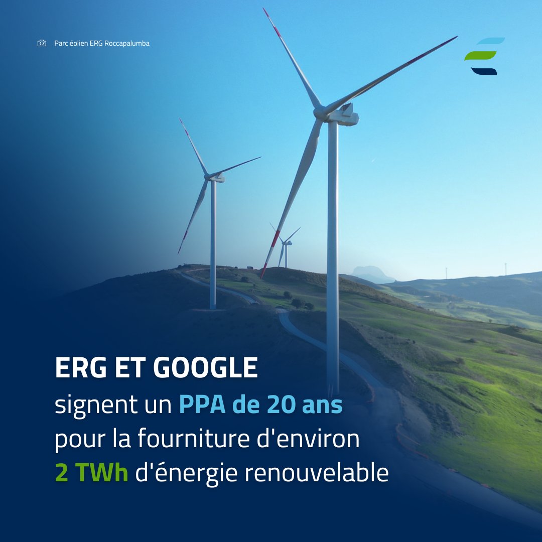 ERG_France's tweet photo. @ERGnow et @googleitalia signent un accord de 20 ans pour fournir ~2 TWh d'énergie renouvelable depuis le parc éolien à Roccapalumba, Sicile. Une avancée pour ERG qui se développe sur le marché des PPA.

 #SDGsContributors #greenenERGymakers https://t.co/kmAT8yfteI