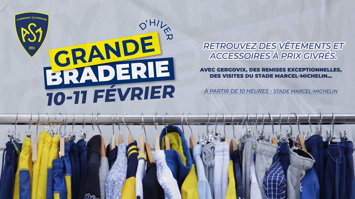 ASMOfficiel's tweet photo. 😊 Rendez-vous au stade Marcel-Michelin 𝙡𝙚𝙨 10 𝙚𝙩 11 𝙛𝙚́𝙫𝙧𝙞𝙚𝙧  pour notre grande 𝗕𝗿𝗮𝗱𝗲𝗿𝗶𝗲 d’hiver ! 💛💙
Venez faire de bonnes affaires au #Michelin ⤵️

https://t.co/aMjxOD9HXH https://t.co/WmJTPjXbes