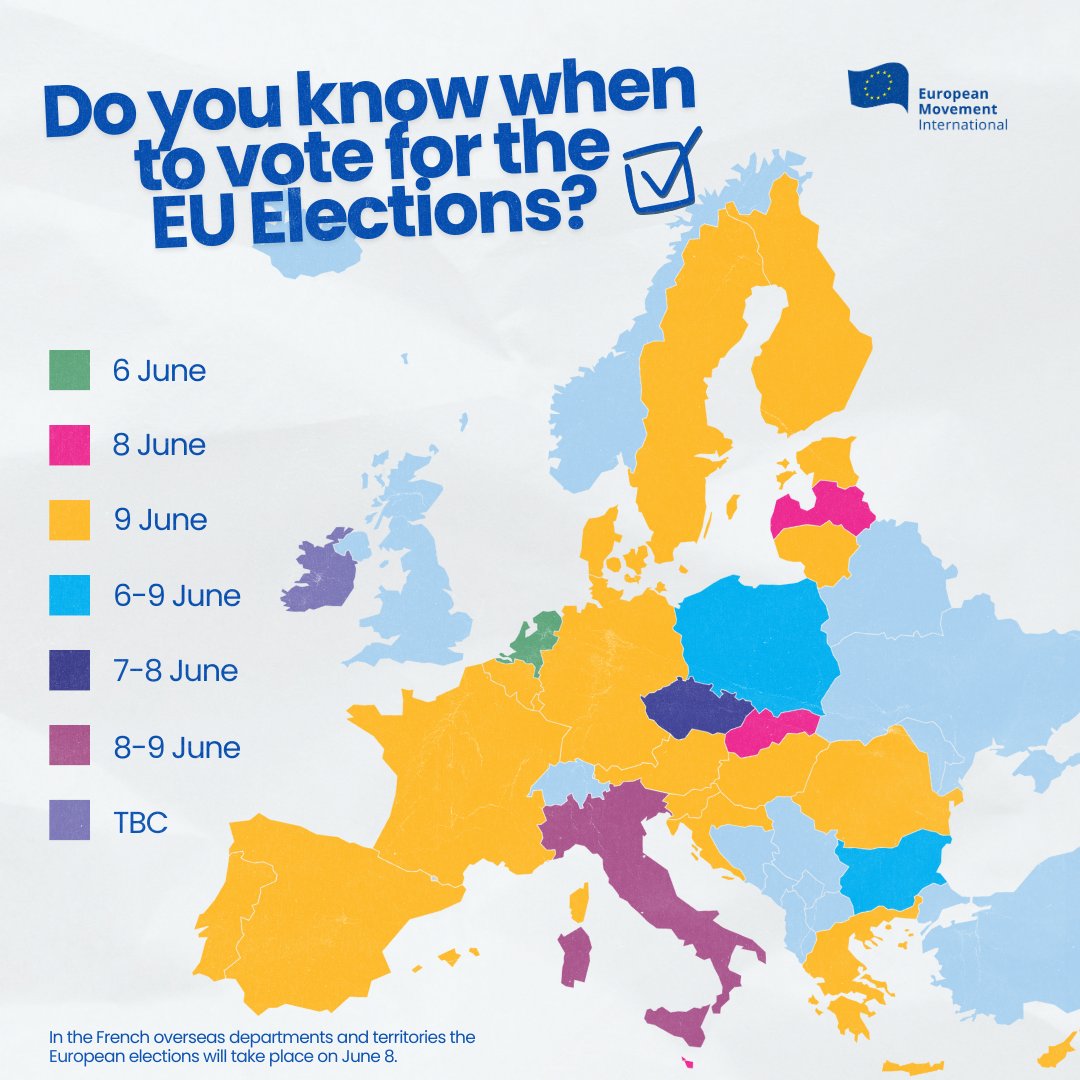 🗳️ The #EuropeanElections are just 4 months away!

We've created a map to help you find out the voting dates across the EU. 

🔍 Check your country's color, save the date, and let's shape the future of Europe together!