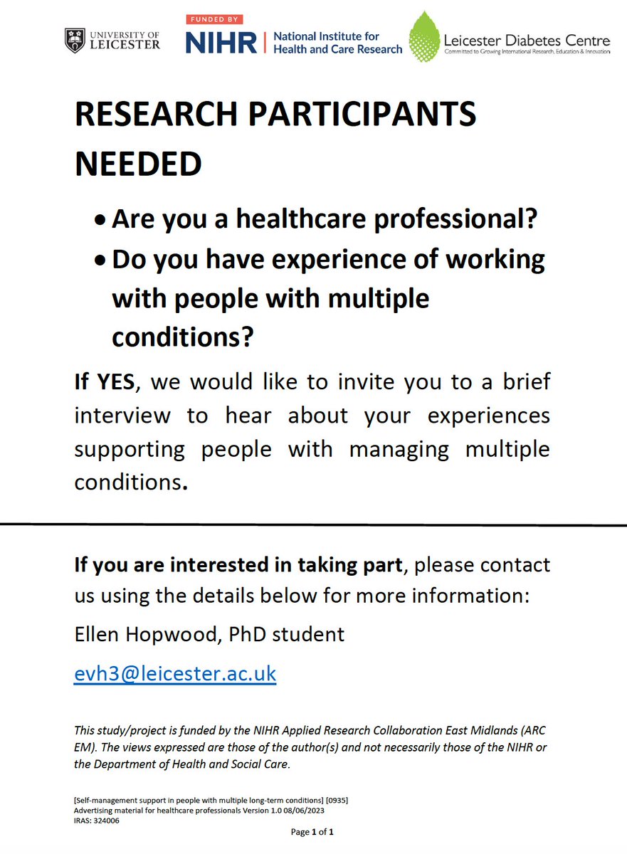 Are you a healthcare professional involved in care of multiple long term conditions? We want to hear about your experience in a one-off interview to help us develop an intervention for this group. Please contact our PhD student Ellen Hopwood evh3@leicester.ac.uk