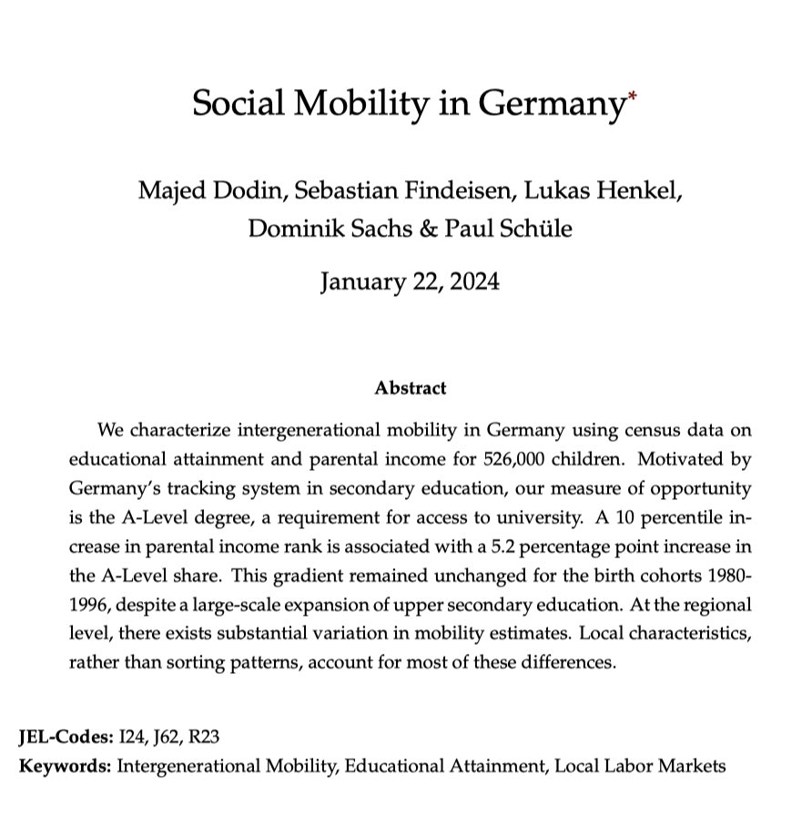 Wie hat sich der Zusammenhang zwischen Bildungserfolg und Elterneinkommen in Deutschland über die Zeit verändert?  Eine gemeinsame Arbeit dazu mit Majed Dodin, <a href="/SebastianFind/">Sebastian Findeisen</a>, Lukas Henkel und <a href="/SchuelePaul/">Paul Schüle</a> erscheint im <a href="/JPubEcon/">Journal of Public Economics</a>. Wir betrachten die Geburtskohorten 1980 - 1996