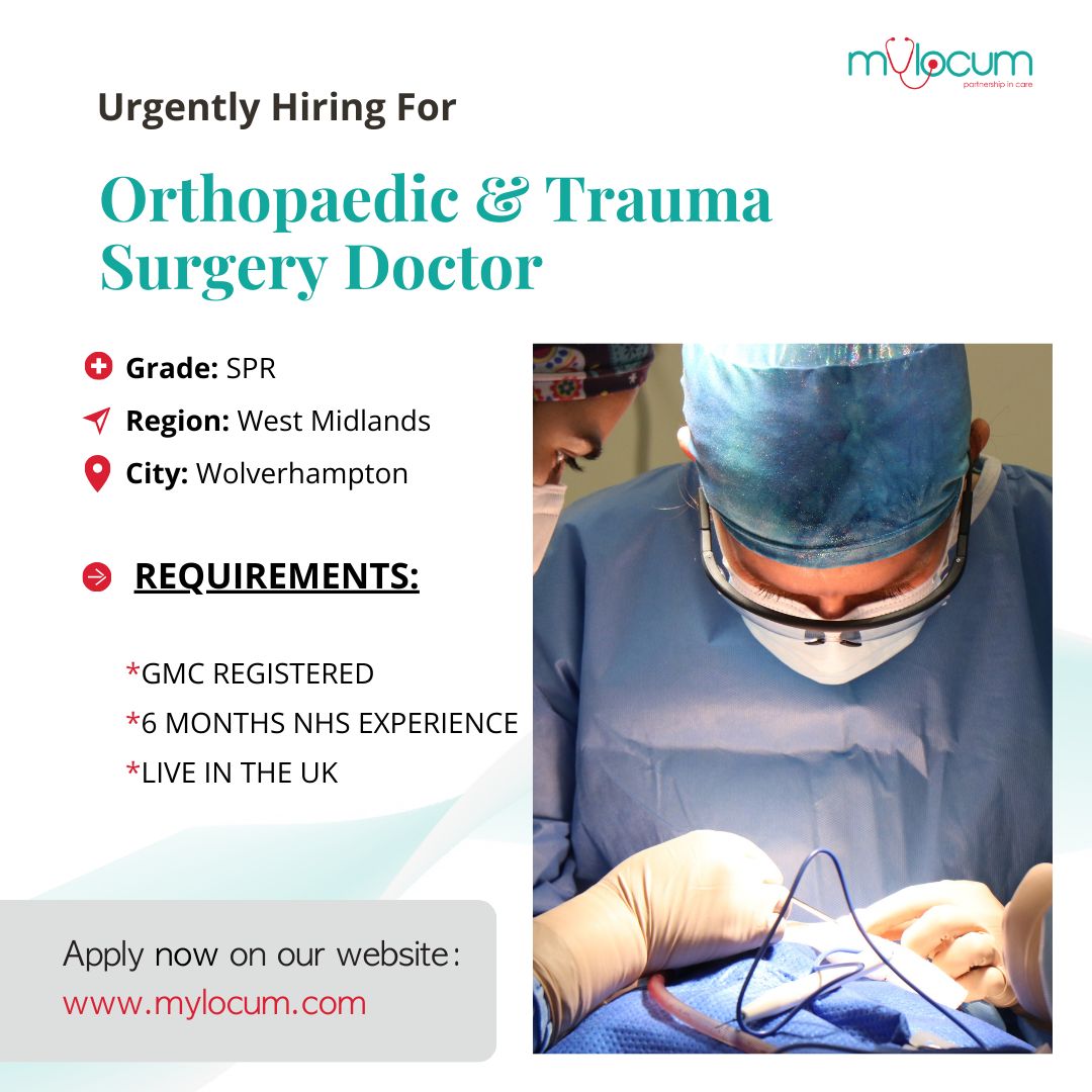 MyLocumGroup's tweet photo. Urgently hiring for Orthopaedic &amp; Trauma Surgery Doctor (SPR) position🔗Apply now by clicking this link: https://t.co/xDs7RyKoSg

Locations -
📍Region: West Midlands
📍City: Wolverhampton

🏆 Must have these requirements-
* GMC registered
* 6 months of NHS experience
* Live in UK https://t.co/6d0SZBWJtb