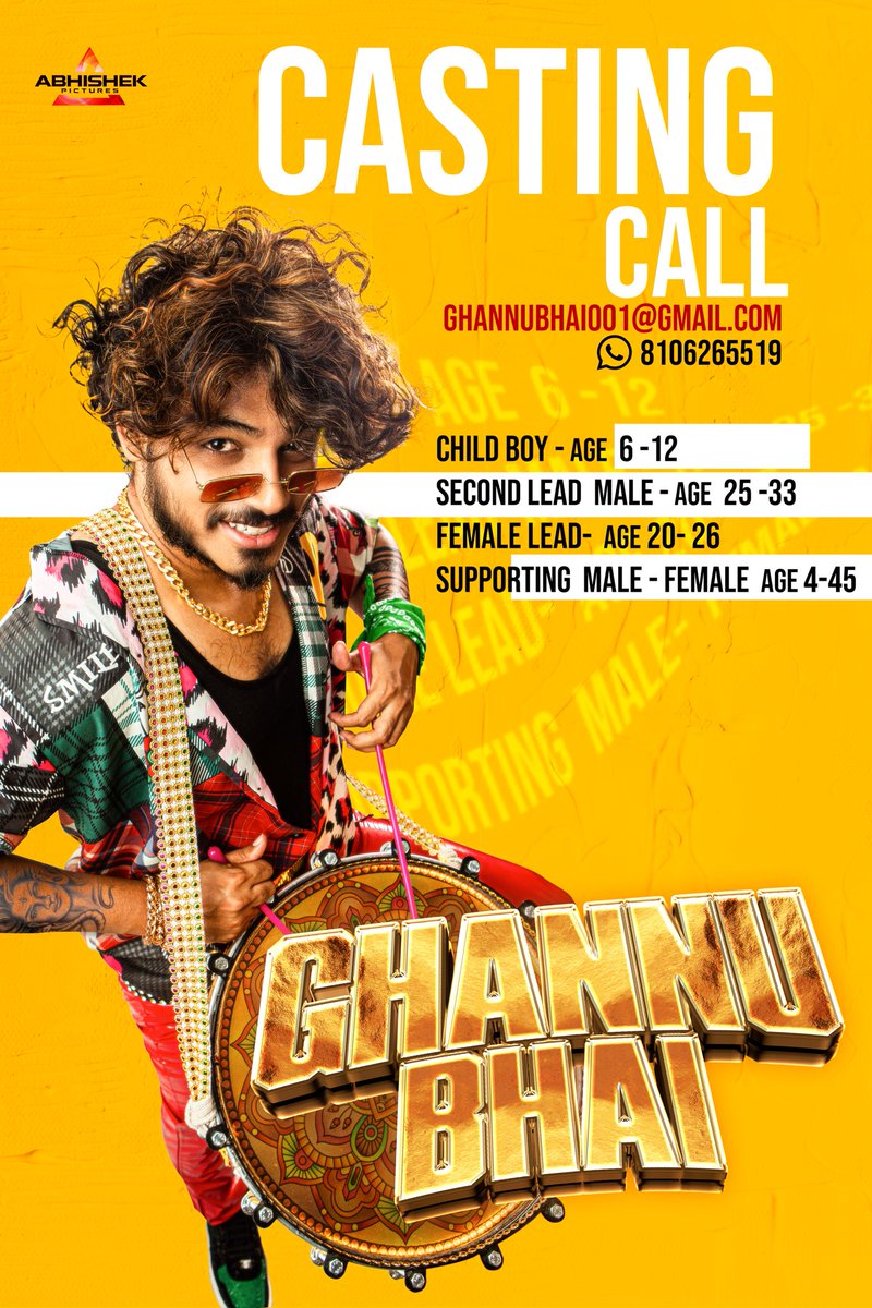 It's a chance for all of you to be a part of #GhannuBhai's resounding celebrations 😎❤️ We are looking for aspiring actors who will bring that EXTRA SOUND to the film 🤩 Don't miss the chance! Drop your profiles to us via WhatsApp or email 💥