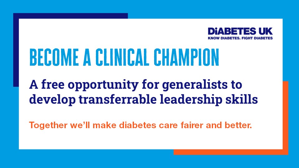 Clinical Champions is open to all healthcare professionals who are keen to build #leadership skills and are committed to improving #diabetes essential care. We’re looking for generalists in #PrimaryCare! 

To apply and learn more, visit orlo.uk/ClinicalChampi…
#HCPs