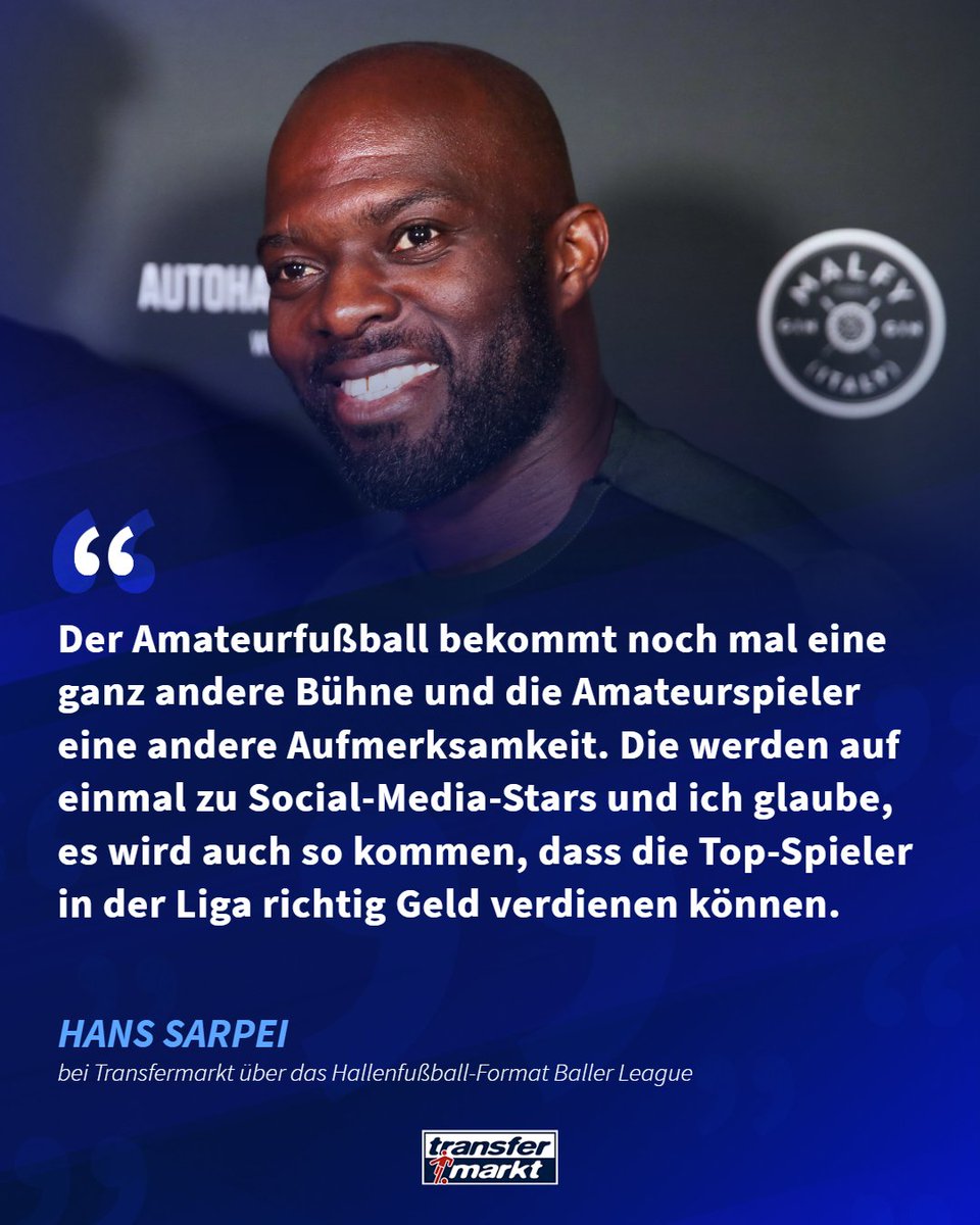 Transfermarkt's tweet photo. Ex-Nationalspieler Hans #Sarpei ist einer der Teamchefs beim neuen Hallenfußball-Format Baller League. Bei Transfermarkt spricht er über die Hintergründe des Projekts, seine Kaderplanung und prognostiziert eine rasante Entwicklung! 🗣
Zum Interview ▶️ https://t.co/WpokMAhtqp https://t.co/ApXhQDBl6p
