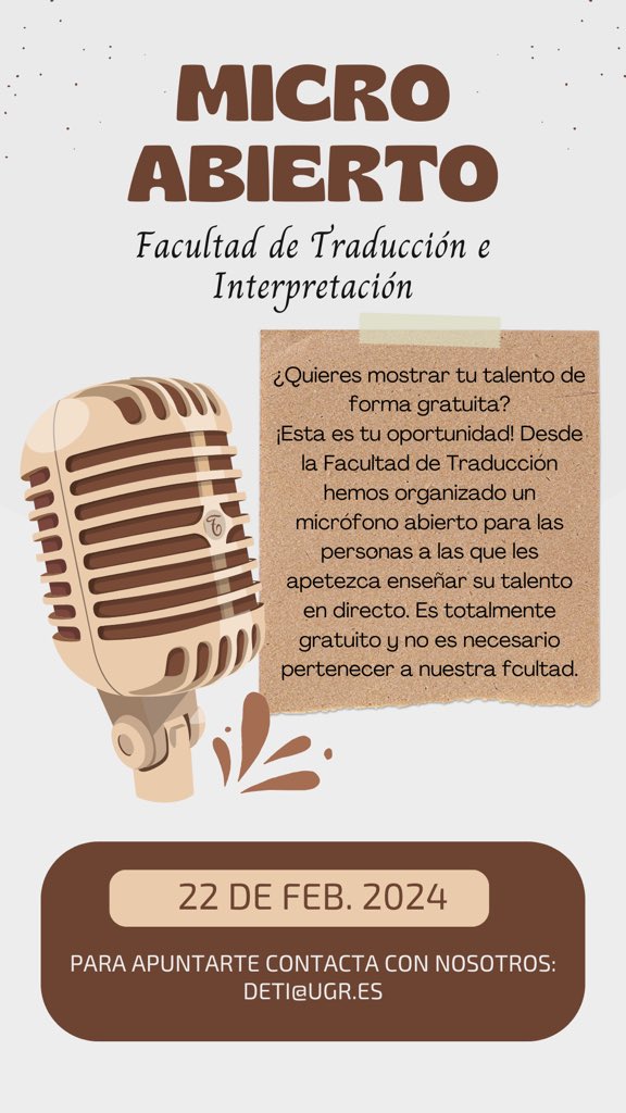 detiUGR's tweet photo. ¡Micro abierto! Nos encanta fomentar el arte en todas sus formas y justo por eso hemos propuesto esta actividad, para que que podáis demostrar vuestro talento. ¡No es necesario formar parte de la facultad de traducción para participar! Anímate y apúntate en deti@ugr.es https://t.co/7XdKWDICj2