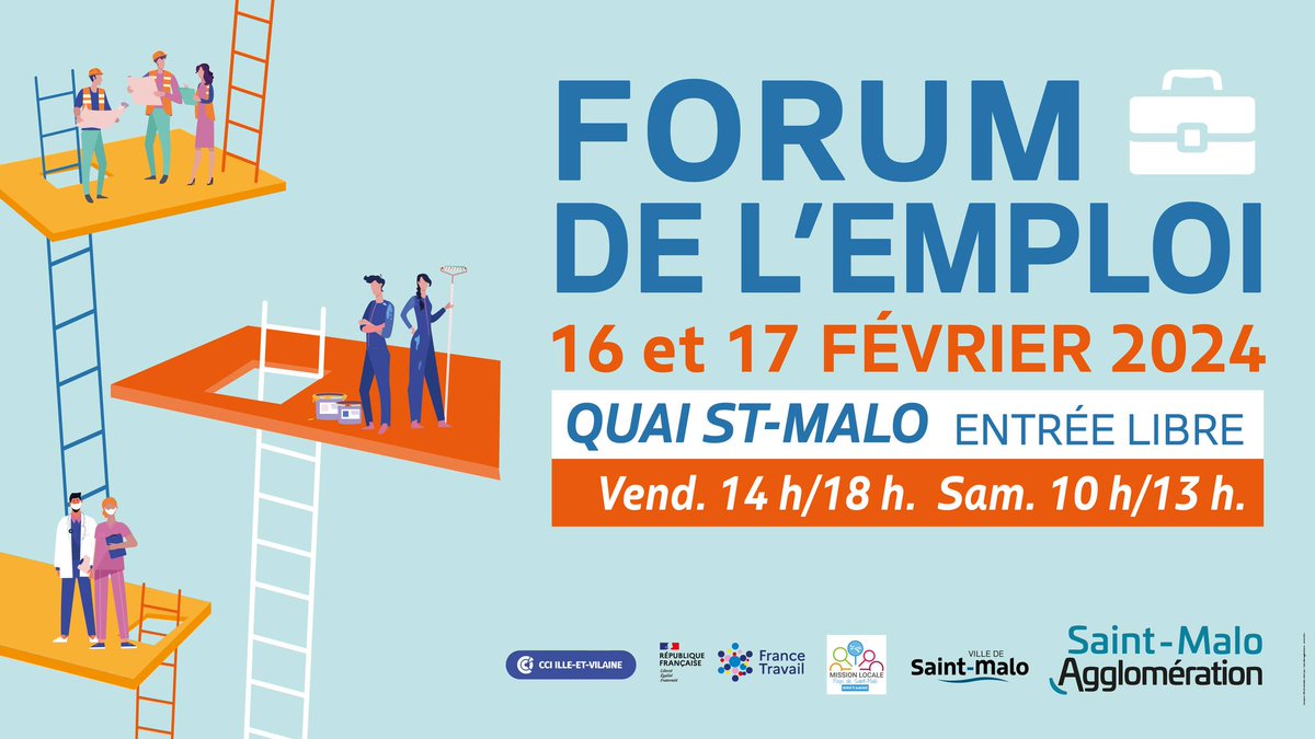 Ne ratez pas la 7e édition du Forum de l’emploi qui se tiendra le vendredi 16 février de 14 h à 18 h et le samedi 17 février de 10 h à 13 h au Le Quai St-Malo  (1B, Quai Duguay-Trouin à Saint-Malo). 

+ d'infos : stmalo-agglomeration.fr/vie-economique…