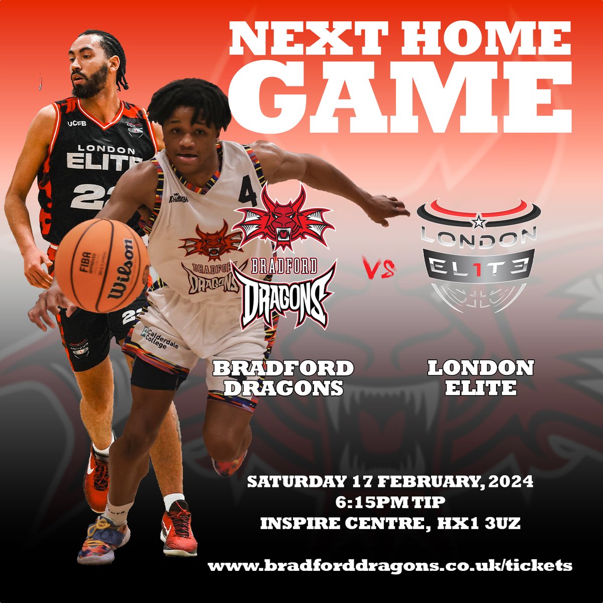 Don't forget to book your tickets for our next home fixture, against London Elite on Saturday 17th February. Make sure you book early to save money. #BradfordDragons #Basketball #OneClubOneFamily #nbl2324 #earlybird