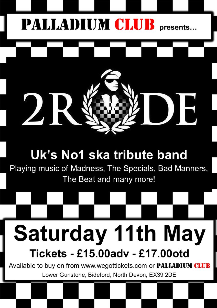 Very excited to be returning to @palladiumdevon in Bideford on Sat May 11th! 😎 We had a blast there last time so you don't want to miss this show! Tickets available here ➡️ wegottickets.com/event/607180 #2Rude #Ska #TributeBand #CoverBand #2Tone #LiveMusic #PalladiumClub #Bideford