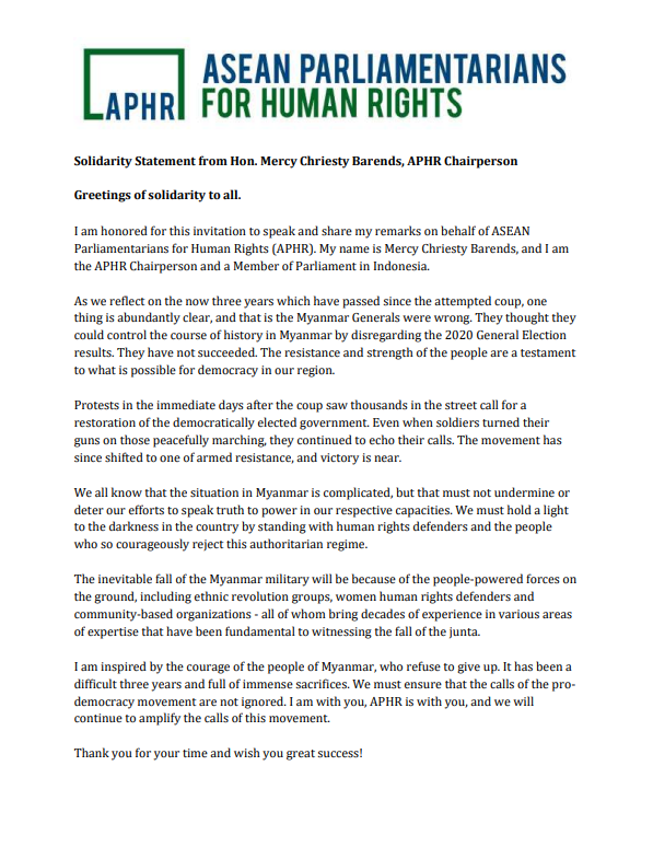 I am inspired by the courage of the people of Myanmar, who refuse to give up. It has been a difficult three years and full of immense sacrifices.

Solidarity Statement from <a href="/ASEANMP/">APHR</a>  Chairperson Hon. Mercy Chriesty Barends to the opening of the 6th Pyidaungsu Hluttaw Session
