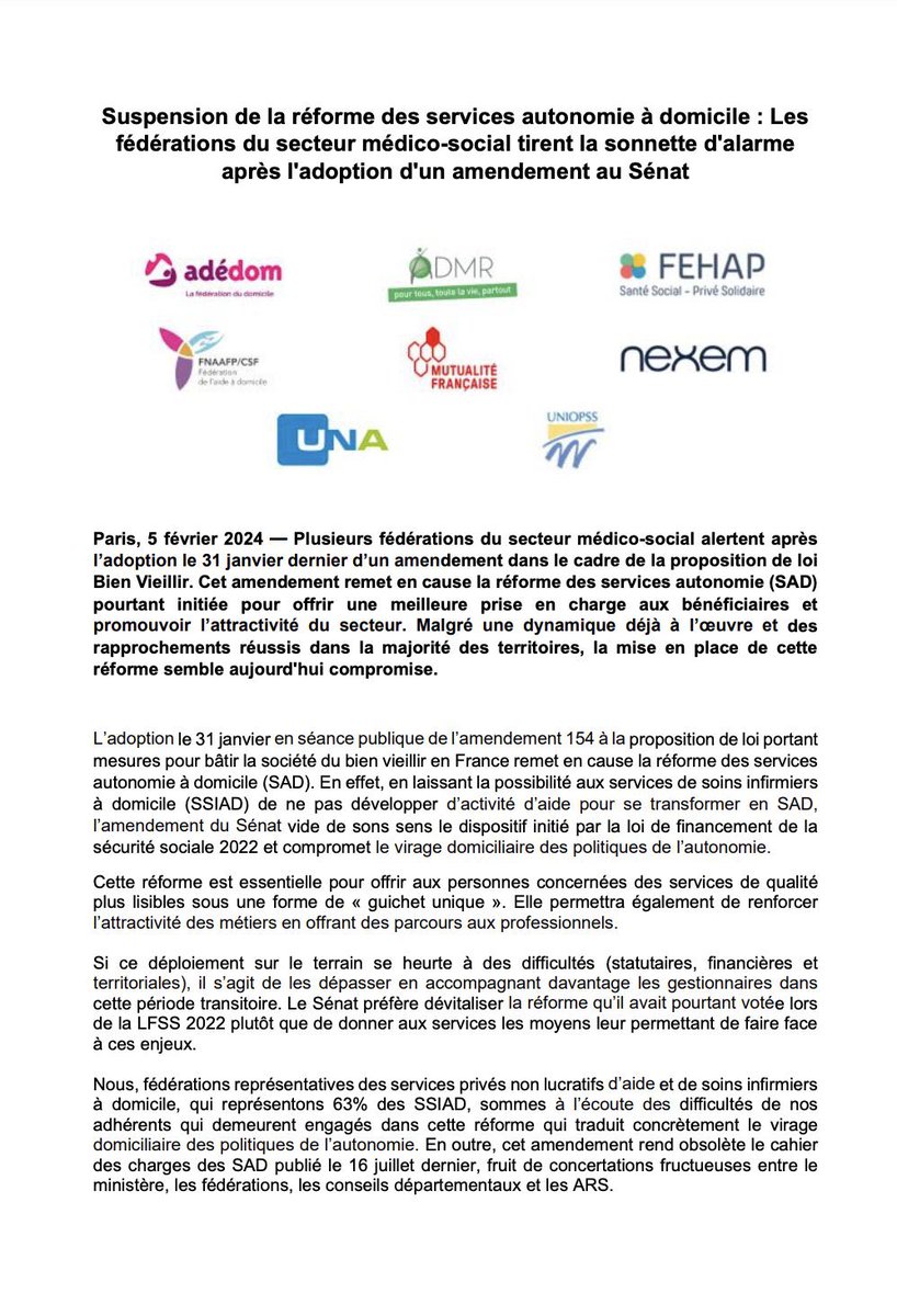 𝗖𝗼𝗺𝗺𝘂𝗻𝗶𝗾𝘂𝗲́ <a href="/ADMRun/">ADMR</a> 📢 - Les fédérations médicosociales s'alarment de la suspension de la réforme de l'autonomie à domicile après un amendement sénatorial. 🏛️
