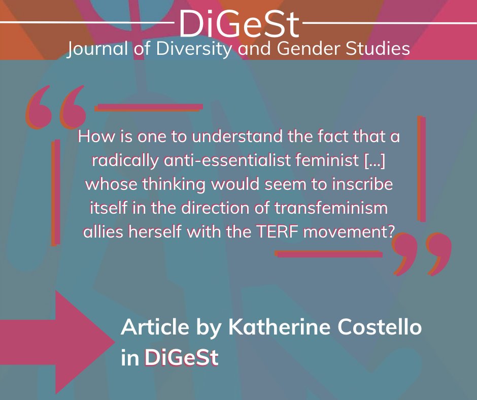 Katherine Costello's article discusses "Christine Delphy, an Anti-essentialist T*RF"
Read more in DiGeSt 's Special Issue on "Varieties of T*rfness", coedited by @mcabralgrinspan, Ilana Eloit, David Paternotte &amp; <a href="/miekeverloo/">Mieke Verloo</a>!
📷 digest.ugent.be/article/id/856…