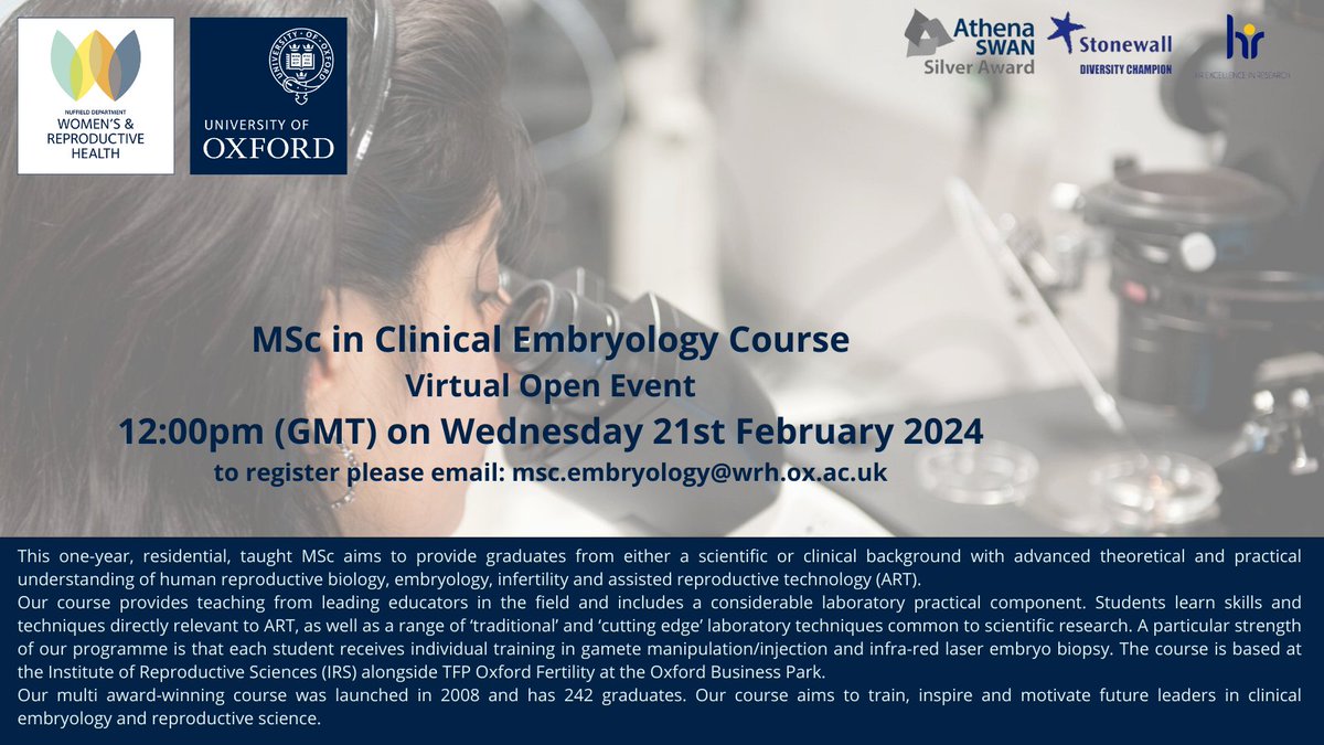 MSc in Clinical Embryology, University of Oxford (@ox_msc_clinemb) on Twitter photo Our next virtual open event will be taking place on 21st February 2024. Email msc.embryology@wrh.ox.ac.uk to register! Our next virtual open event will be taking place on 21st February 2024. Email msc.embryology@wrh.ox.ac.uk to register!