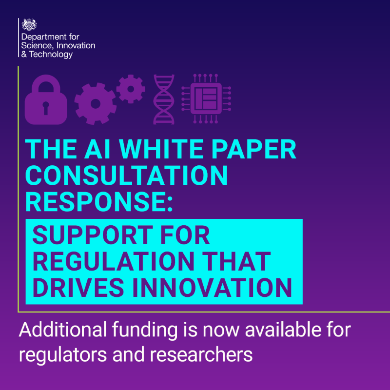 SciTechgovuk's tweet photo. The AI White Paper consultation response supports a pro-innovation stance on regulation ✅ 

The government has also invested £10m into boosting AI regulators' knowledge &amp; skills and £90m into enhancing AI research 👨‍💻 

Click the link below for more detail 🔽