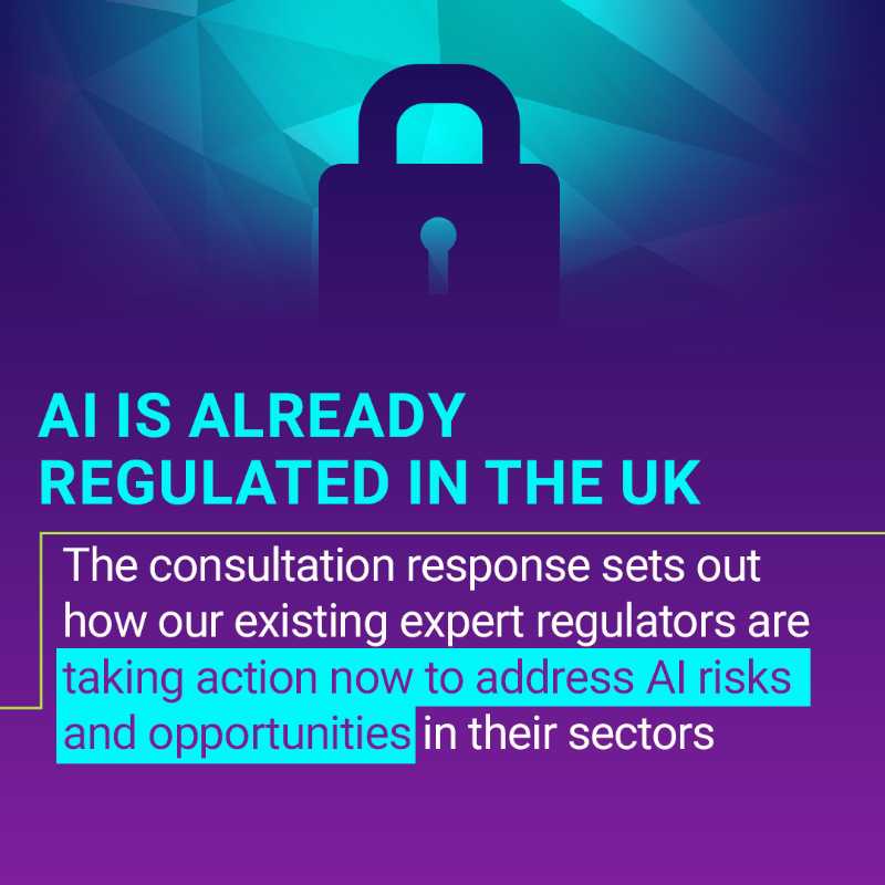 SciTechgovuk's tweet photo. The AI White Paper consultation response supports a pro-innovation stance on regulation ✅ 

The government has also invested £10m into boosting AI regulators' knowledge &amp; skills and £90m into enhancing AI research 👨‍💻 

Click the link below for more detail 🔽