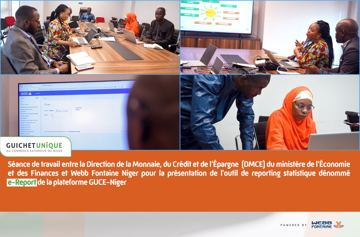 GUCENiger227's tweet photo. #guceniger | Séance de travail entre la Direction de la Monnaie, du Crédit et de l’Épargne  (DMCE) du ministère de l'Économie et des Finances et Webb Fontaine Niger.

#ministèredesfinance #WebbFontaine #dematerialisation #commerceextérieur https://t.co/a7KeWM1kfC